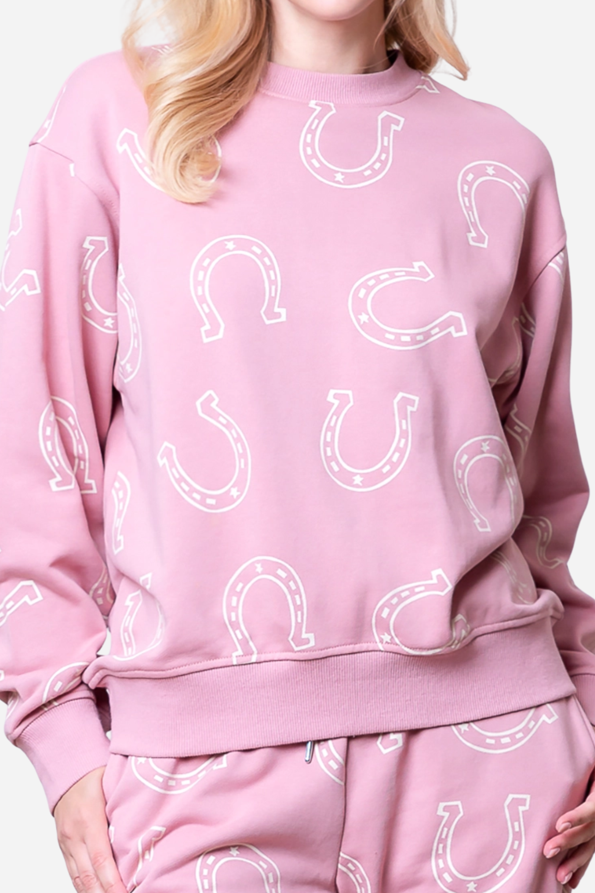 Pink Pony Club Lounge Sweat Set, Style: long sleeve round neck horseshoe printed sweatshirt, Texture: soft, Color: Mauve, Pattern Type: horseshoe, Details: long sleeve, round neck, horseshoe print, sweatshirt, Neckline: round neck, Sleeve Length: long sleeve, Fit Type: relaxed fit