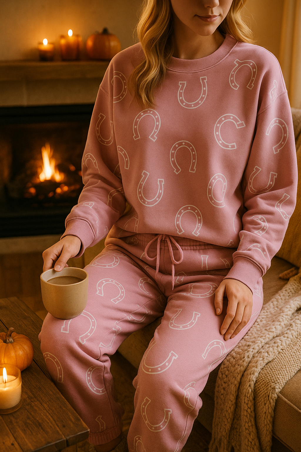 Person wearing pink pajamas with horseshoe pattern, holding a mug in front of a fireplace.