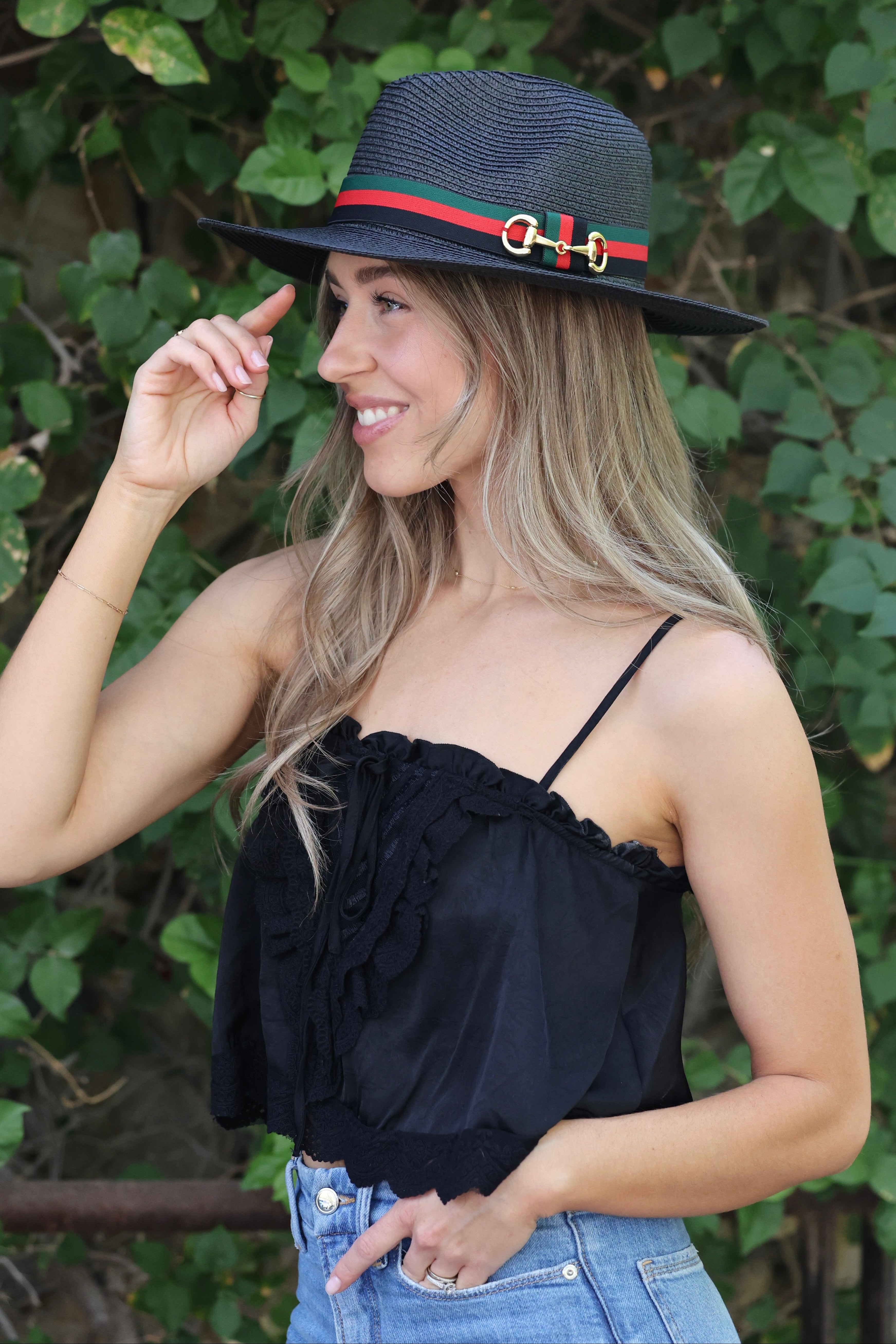 Equestrian-inspired panama sun hat with stripe ribbon, horse bit detail, and adjustable inner band. sun hat, straw sun hat, panama hat, paper straw hat, summer hat, wide brim hat