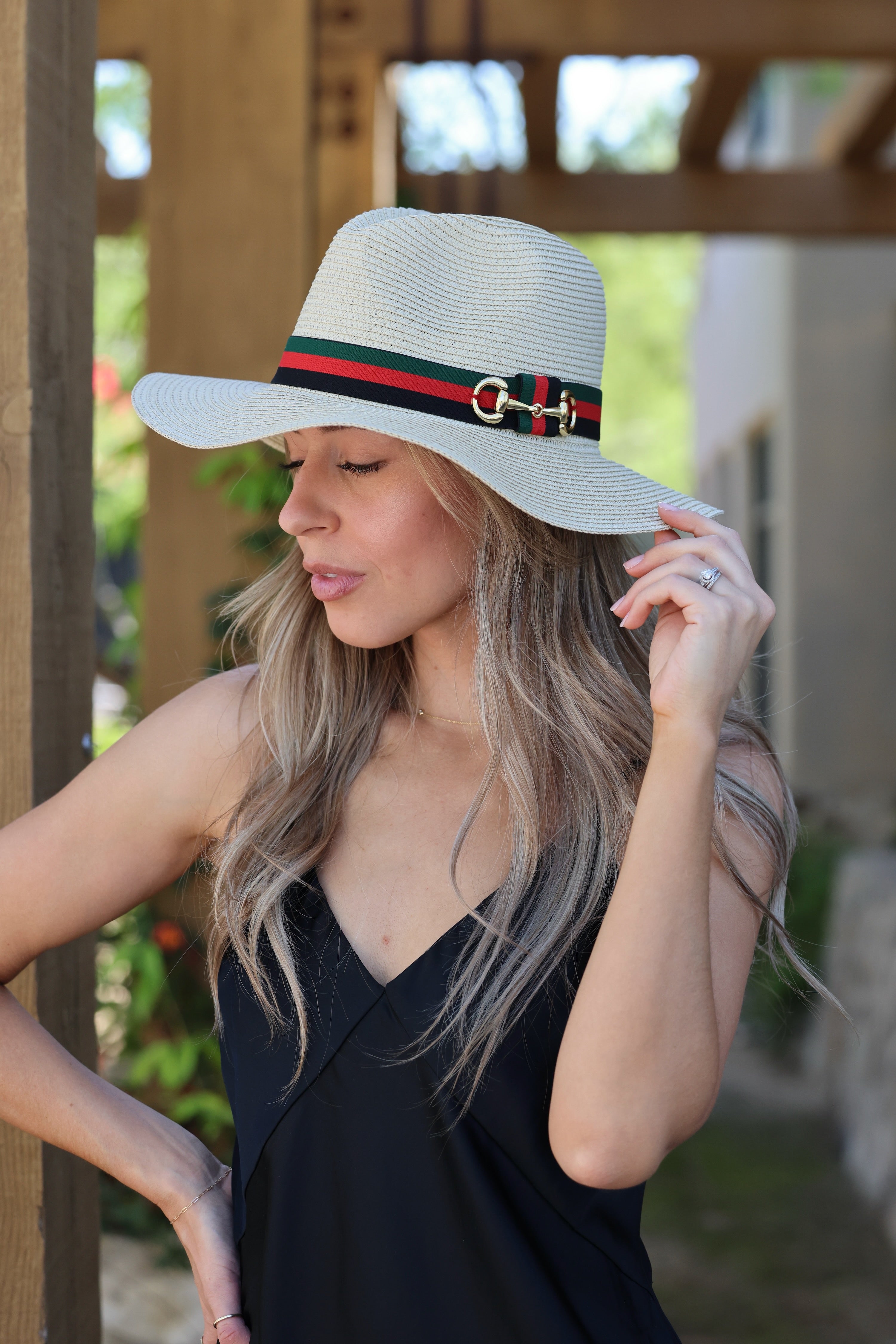 Equestrian-inspired panama sun hat with stripe ribbon, horse bit detail, and adjustable inner band. sun hat, straw sun hat, panama hat, paper straw hat, summer hat, wide brim hat