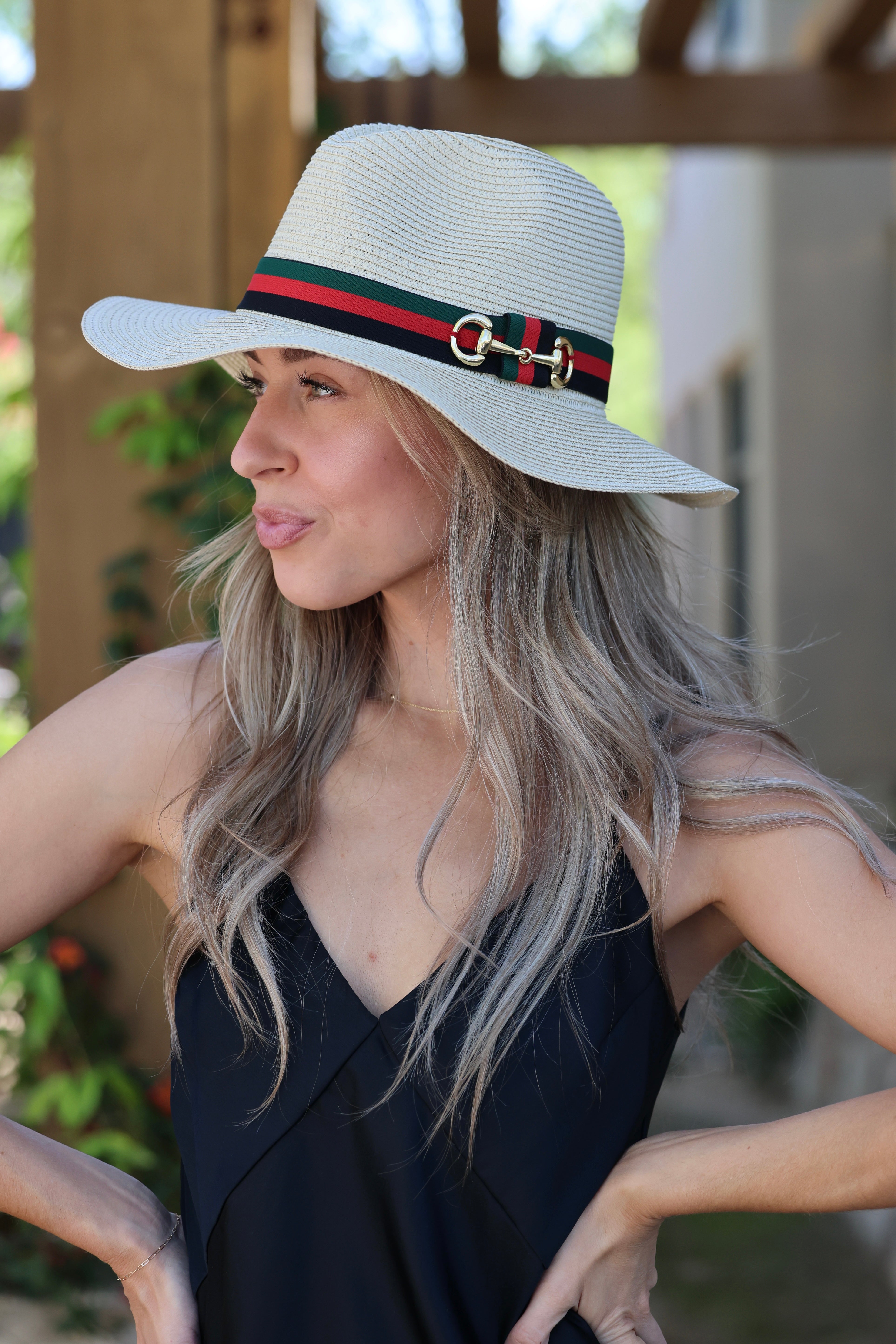 Equestrian-inspired panama sun hat with stripe ribbon, horse bit detail, and adjustable inner band. sun hat, straw sun hat, panama hat, paper straw hat, summer hat, wide brim hat