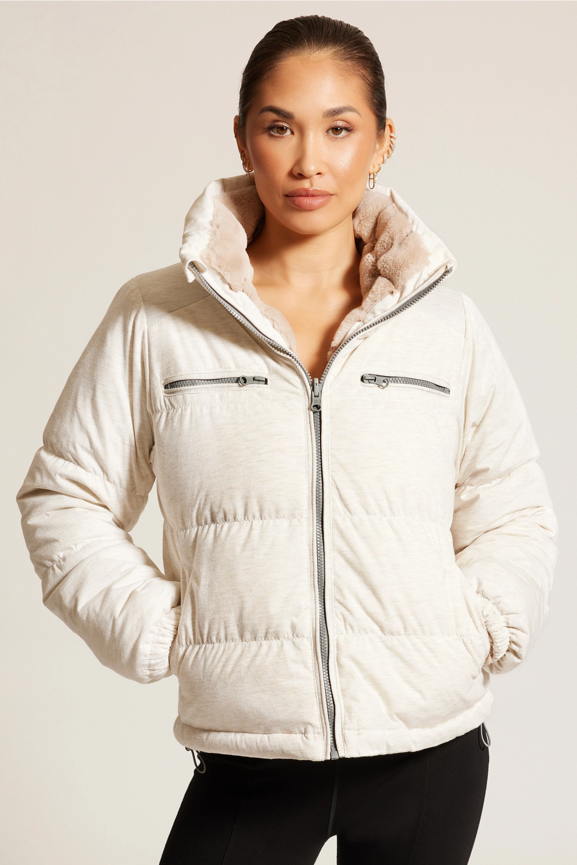 Reversible Puffer Jacket - Cloud Dancer, Reversible puffer jacket, Faux fur lined coat, Winter adventure jacket, Black insulated puffer, Stylish outdoor layer, The Adventurer Puffer Jacket is the perfect layer of luxury and warmth for your outdoor adventures. Crafted with reversible styling, adjustable waist drawstrings, and a faux fur lining for those chilly days, this jacket pairs fashion and function. Plus, thumbholes and a hidden hood in the collar guarantee comfort and convenience.