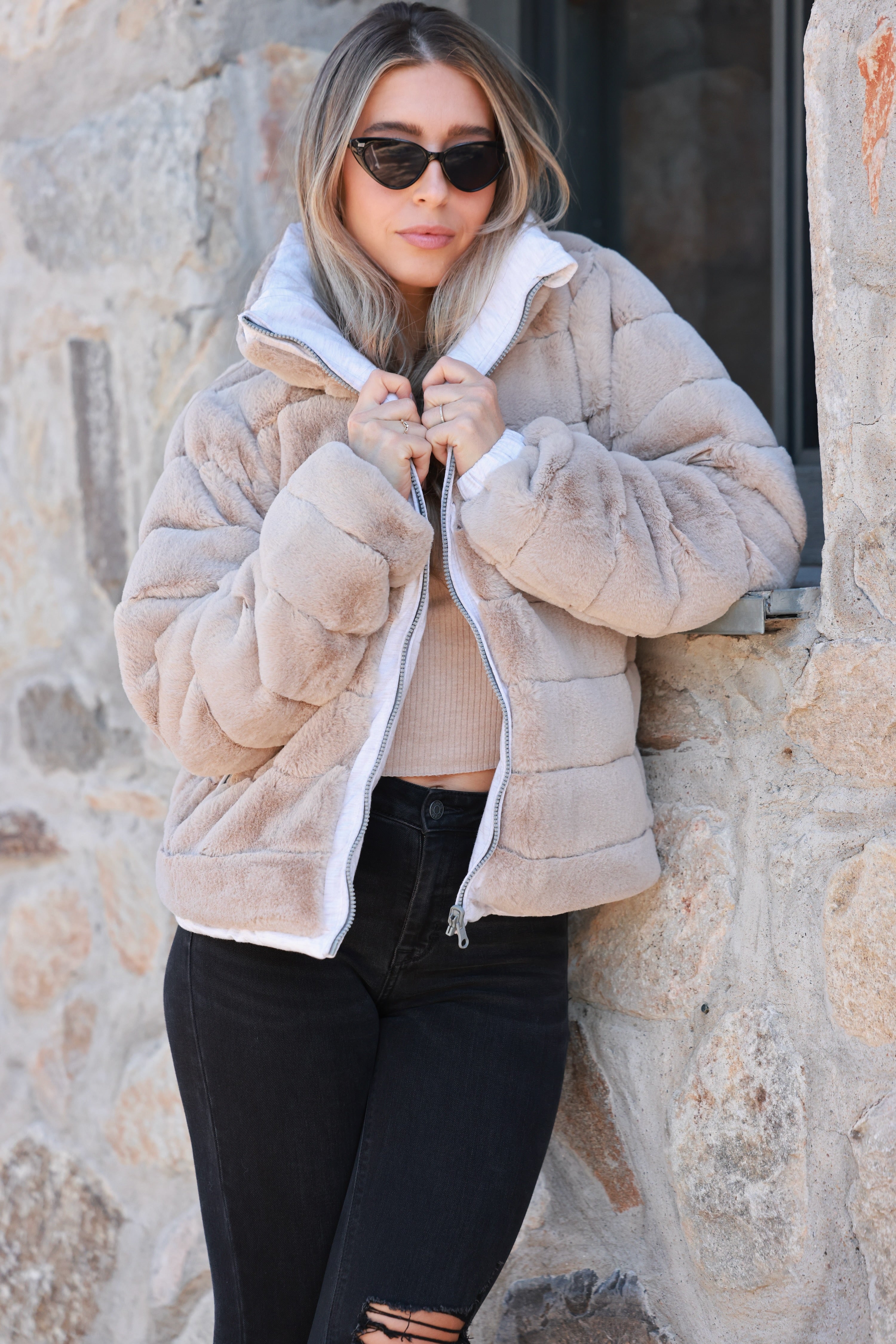 Reversible Puffer Jacket - Cloud Dancer, Reversible puffer jacket, Faux fur lined coat, Winter adventure jacket, Black insulated puffer, Stylish outdoor layer, The Adventurer Puffer Jacket is the perfect layer of luxury and warmth for your outdoor adventures. Crafted with reversible styling, adjustable waist drawstrings, and a faux fur lining for those chilly days, this jacket pairs fashion and function. Plus, thumbholes and a hidden hood in the collar guarantee comfort and convenience.