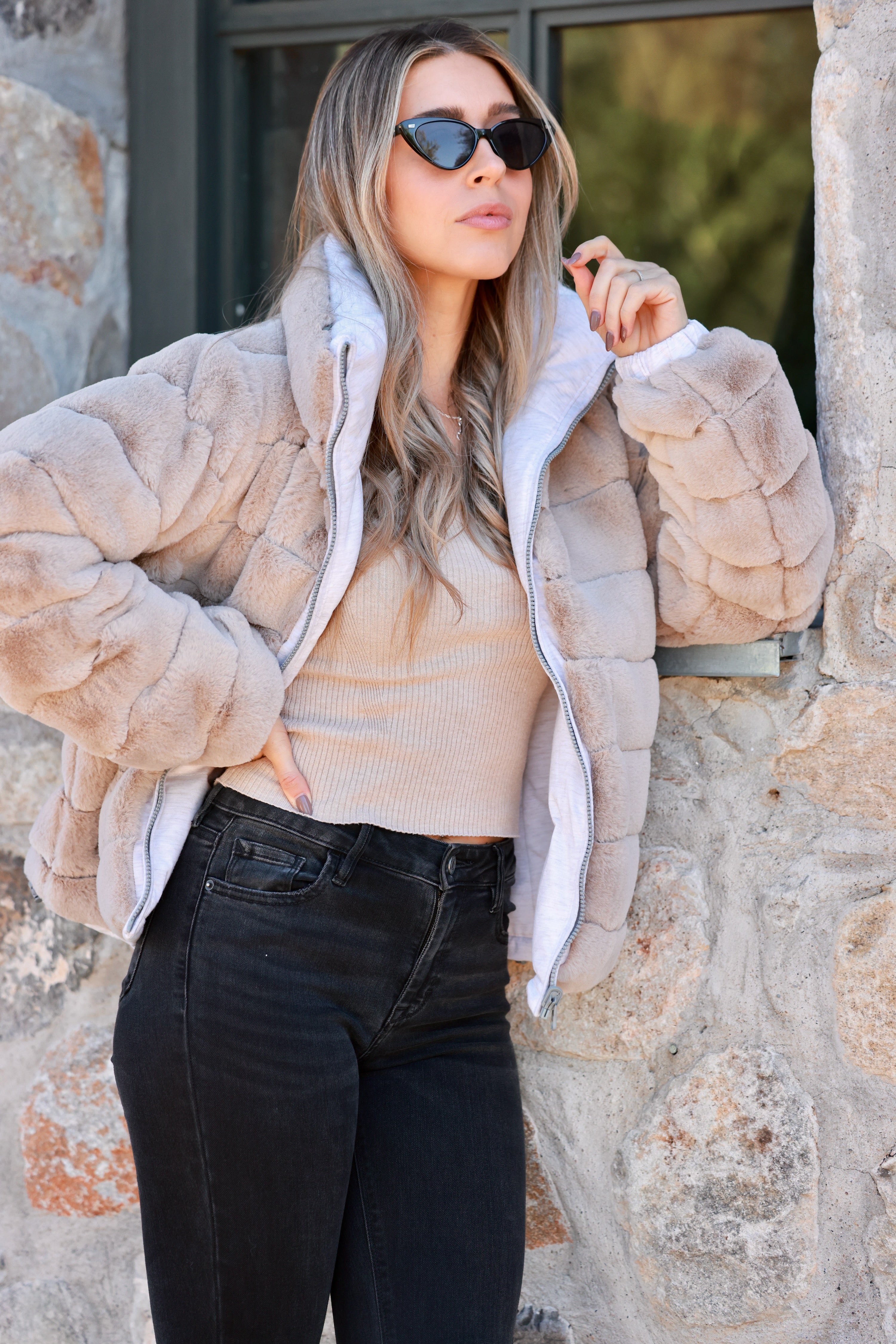 Reversible Puffer Jacket - Cloud Dancer, Reversible puffer jacket, Faux fur lined coat, Winter adventure jacket, Black insulated puffer, Stylish outdoor layer, The Adventurer Puffer Jacket is the perfect layer of luxury and warmth for your outdoor adventures. Crafted with reversible styling, adjustable waist drawstrings, and a faux fur lining for those chilly days, this jacket pairs fashion and function. Plus, thumbholes and a hidden hood in the collar guarantee comfort and convenience.