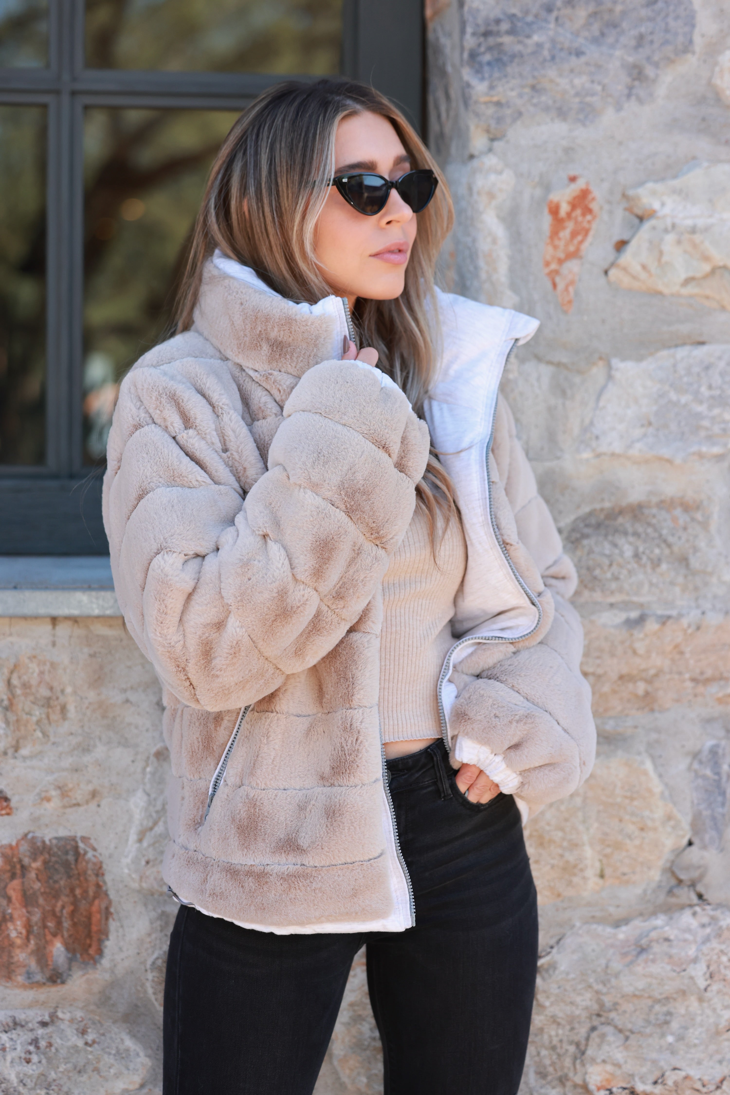 Reversible Puffer Jacket - Cloud Dancer, Reversible puffer jacket, Faux fur lined coat, Winter adventure jacket, Black insulated puffer, Stylish outdoor layer, The Adventurer Puffer Jacket is the perfect layer of luxury and warmth for your outdoor adventures. Crafted with reversible styling, adjustable waist drawstrings, and a faux fur lining for those chilly days, this jacket pairs fashion and function. Plus, thumbholes and a hidden hood in the collar guarantee comfort and convenience.