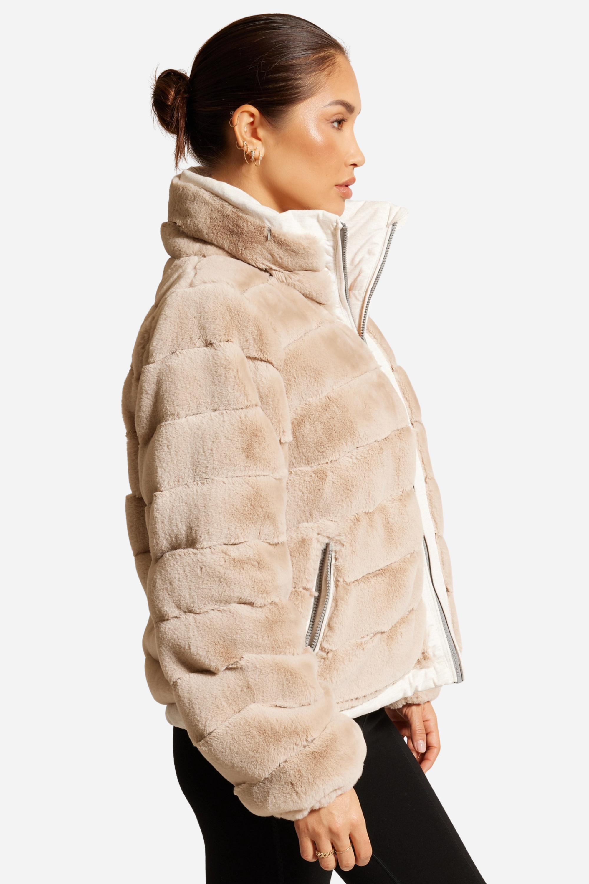 Reversible Puffer Jacket - Cloud Dancer, Reversible puffer jacket, Faux fur lined coat, Winter adventure jacket, Black insulated puffer, Stylish outdoor layer, The Adventurer Puffer Jacket is the perfect layer of luxury and warmth for your outdoor adventures. Crafted with reversible styling, adjustable waist drawstrings, and a faux fur lining for those chilly days, this jacket pairs fashion and function. Plus, thumbholes and a hidden hood in the collar guarantee comfort and convenience.