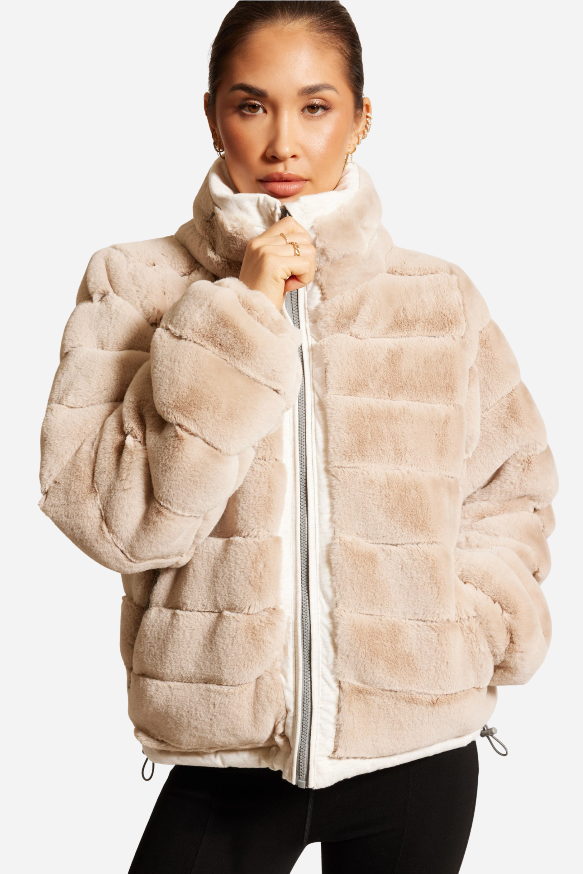 Reversible Puffer Jacket - Cloud Dancer, Reversible puffer jacket, Faux fur lined coat, Winter adventure jacket, Black insulated puffer, Stylish outdoor layer, The Adventurer Puffer Jacket is the perfect layer of luxury and warmth for your outdoor adventures. Crafted with reversible styling, adjustable waist drawstrings, and a faux fur lining for those chilly days, this jacket pairs fashion and function. Plus, thumbholes and a hidden hood in the collar guarantee comfort and convenience.