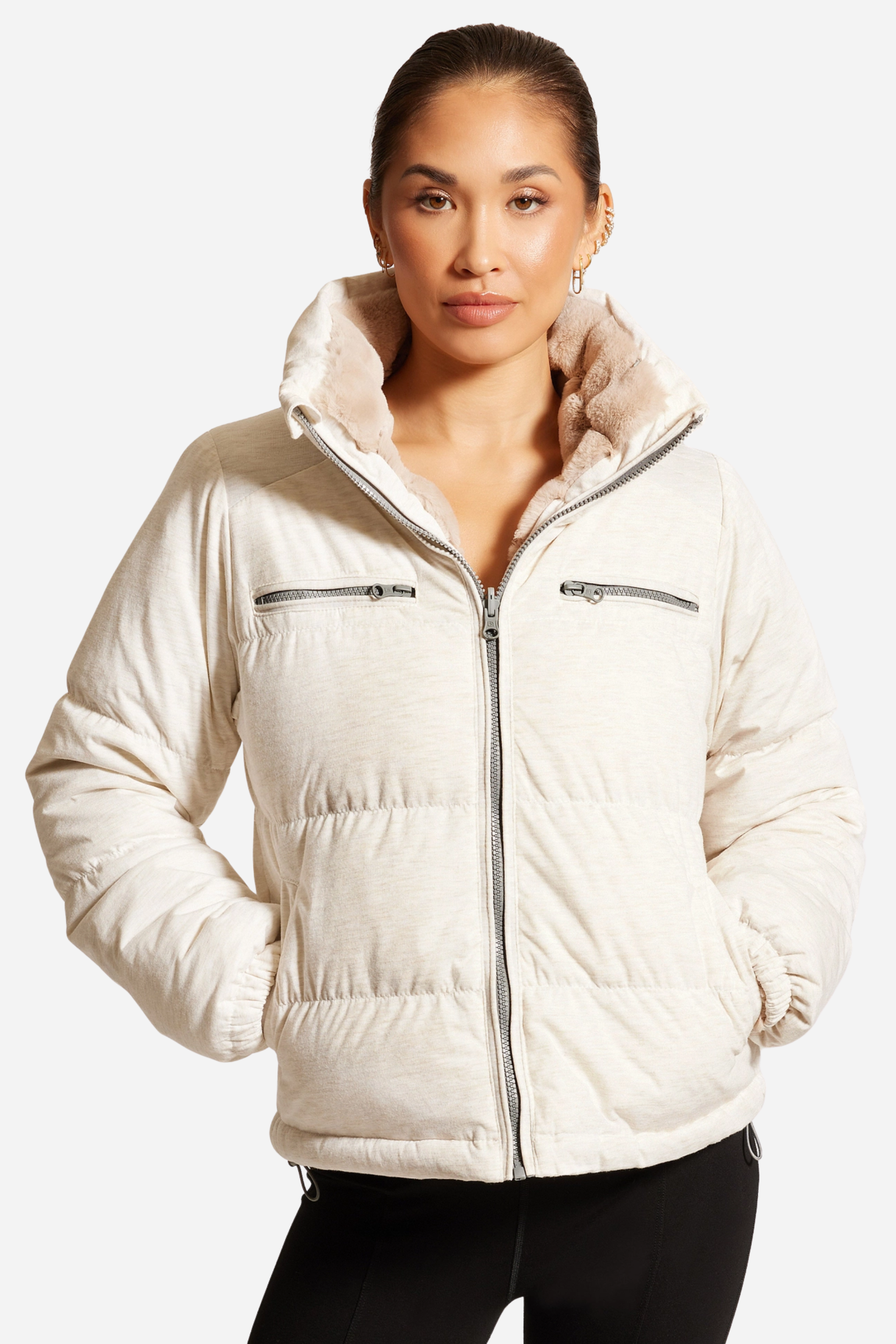 Reversible Puffer Jacket - Cloud Dancer, Reversible puffer jacket, Faux fur lined coat, Winter adventure jacket, Black insulated puffer, Stylish outdoor layer, The Adventurer Puffer Jacket is the perfect layer of luxury and warmth for your outdoor adventures. Crafted with reversible styling, adjustable waist drawstrings, and a faux fur lining for those chilly days, this jacket pairs fashion and function. Plus, thumbholes and a hidden hood in the collar guarantee comfort and convenience.