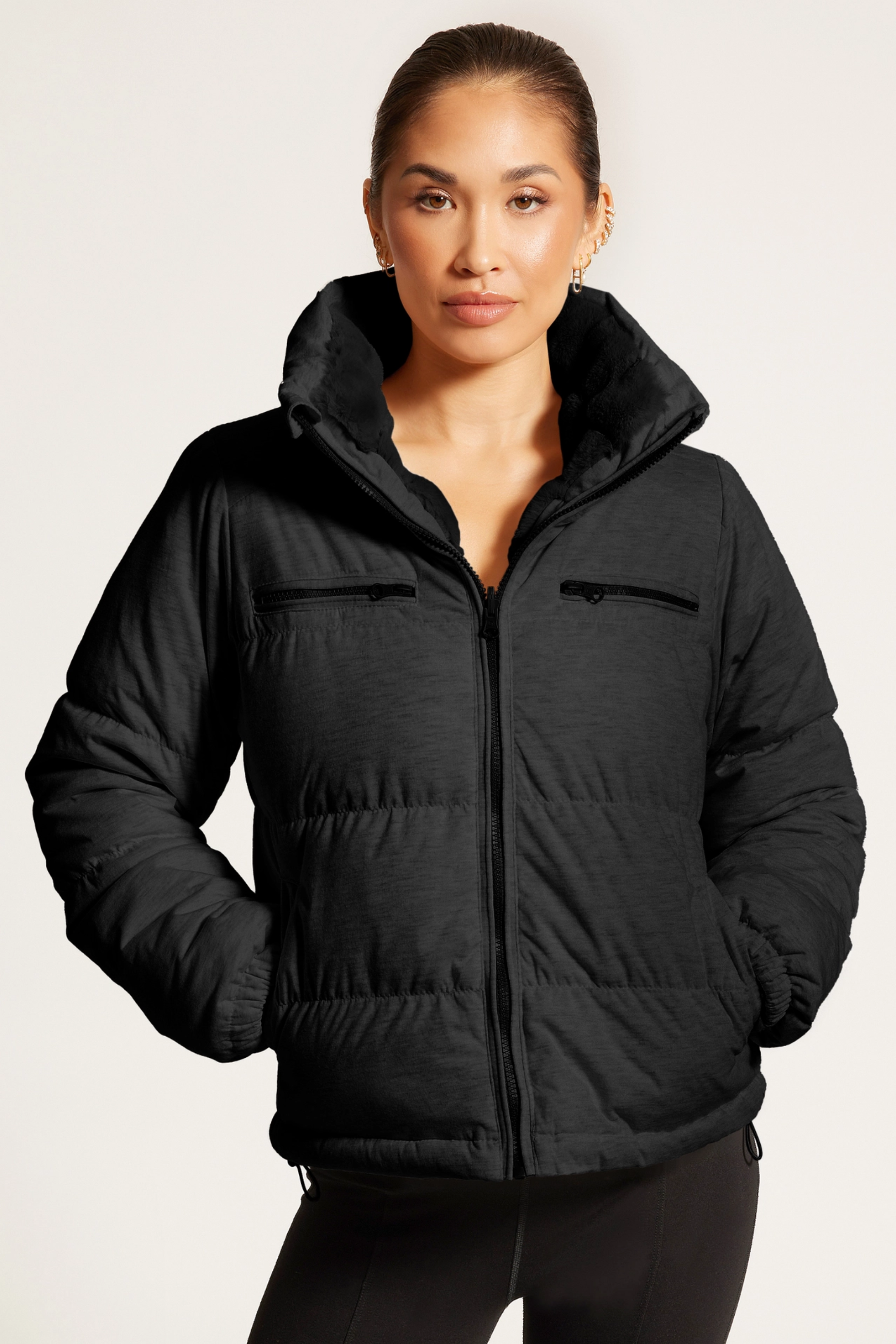 Reversible puffer jacket, Faux fur lined coat, Winter adventure jacket, Black insulated puffer, Stylish outdoor layer