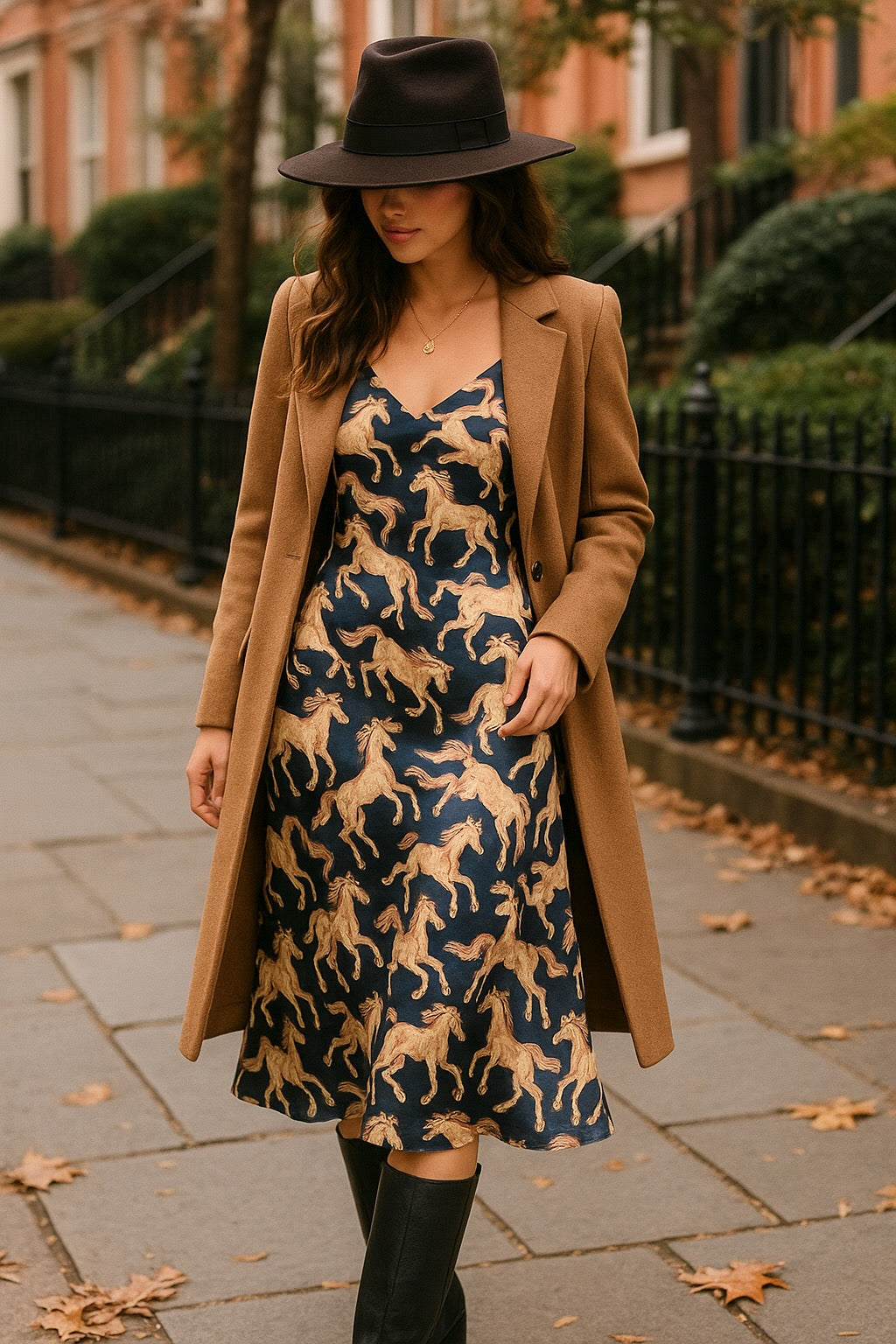 Woman wearing a dress with horse pattern against a neutral background - Western slip dress, Horse print satin dress, Bias cut midi dress, Navy equestrian dress, Vintage-inspired slip dress, Cocktail party dress, Day party outfit, Western navy satin dress, Women’s equestrian fashion, Retro western slip dress