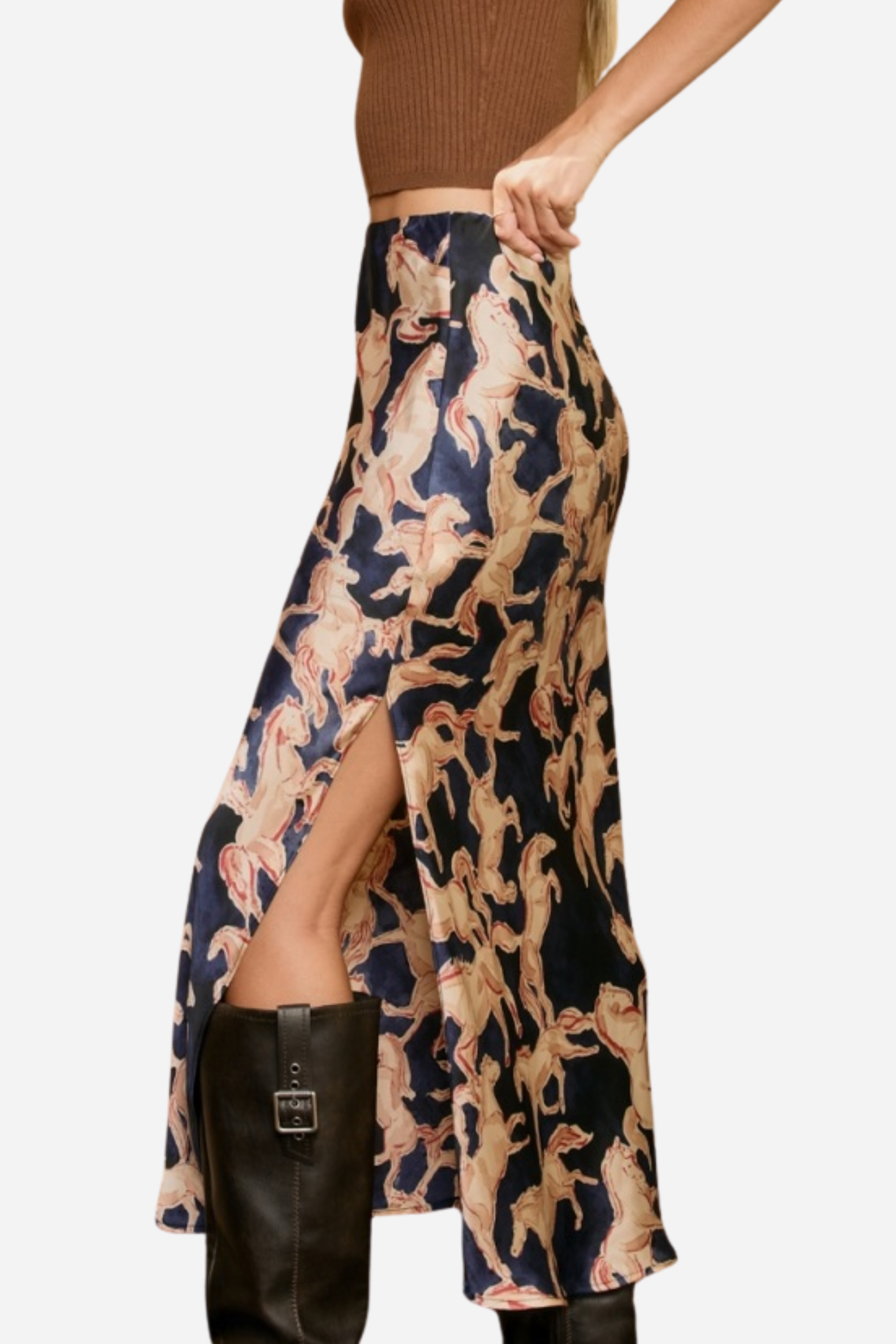 Western slip skirt, Equestrian print skirt, Navy maxi skirt, Vintage-inspired skirt, Pull-on slip skirt, Western navy midi skirt, Horse print fashion, Fall rodeo outfit, Women’s western maxi skirt, Retro equestrian style