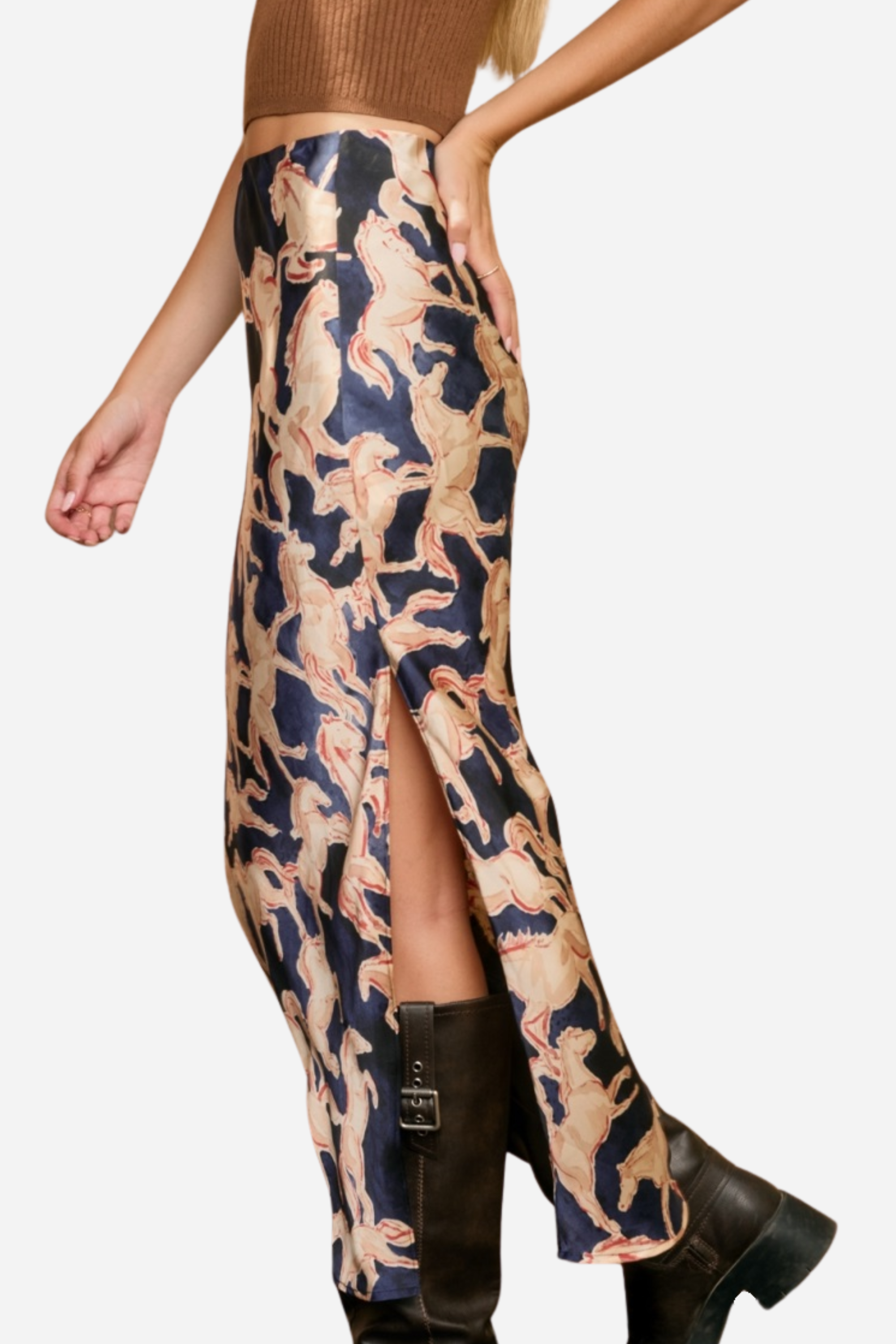 Western slip skirt, Equestrian print skirt, Navy maxi skirt, Vintage-inspired skirt, Pull-on slip skirt, Western navy midi skirt, Horse print fashion, Fall rodeo outfit, Women’s western maxi skirt, Retro equestrian style