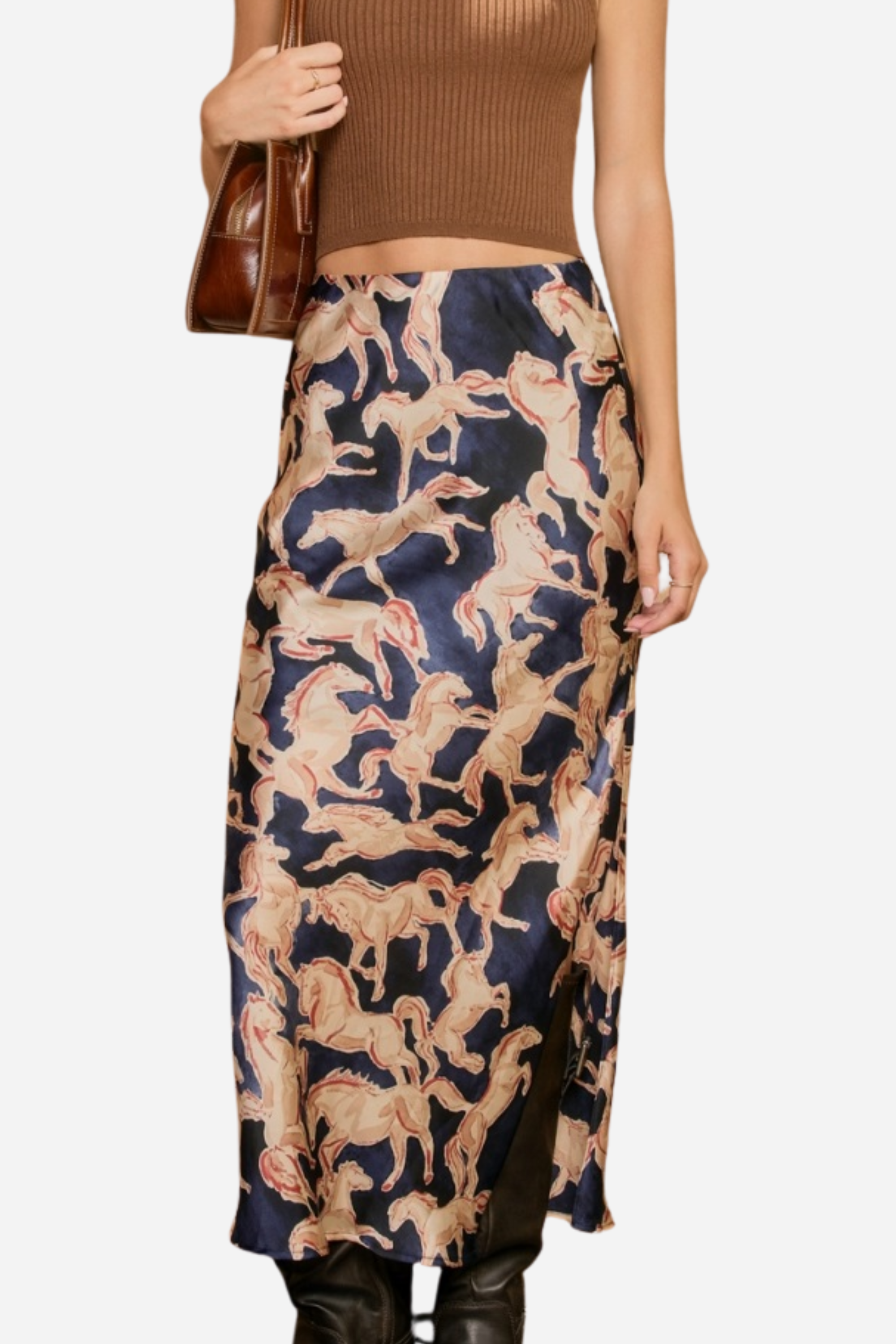 Western slip skirt, Equestrian print skirt, Navy maxi skirt, Vintage-inspired skirt, Pull-on slip skirt, Western navy midi skirt, Horse print fashion, Fall rodeo outfit, Women’s western maxi skirt, Retro equestrian style