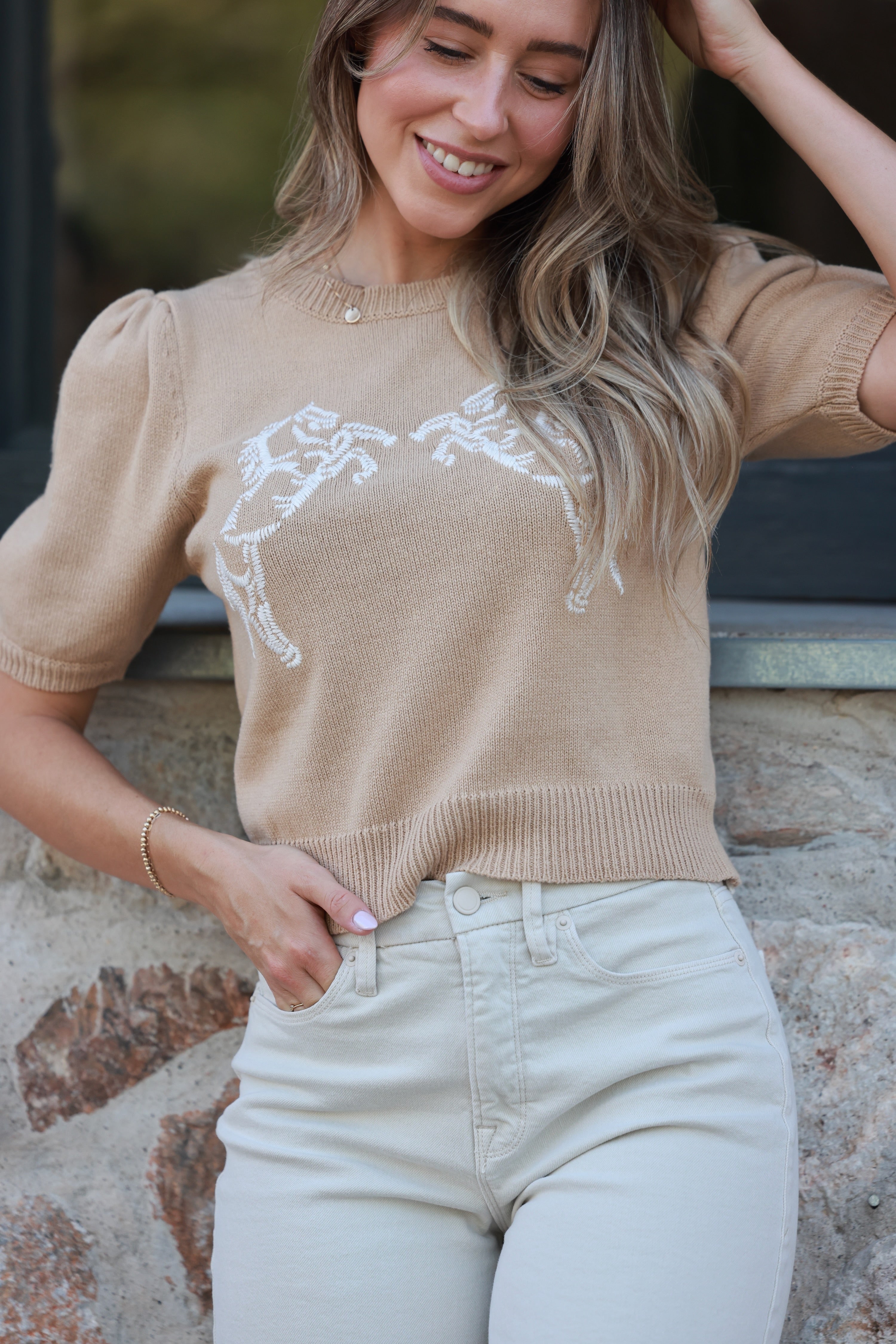 Able Rochelle Embroidered Sweater Top Horse Embroidered Sweater, Western graphic knit top, Short sleeves Cowgirls' top - equestrian apparel, horse motif sweater, equestrian inspired apparel, rearing horse embroidery