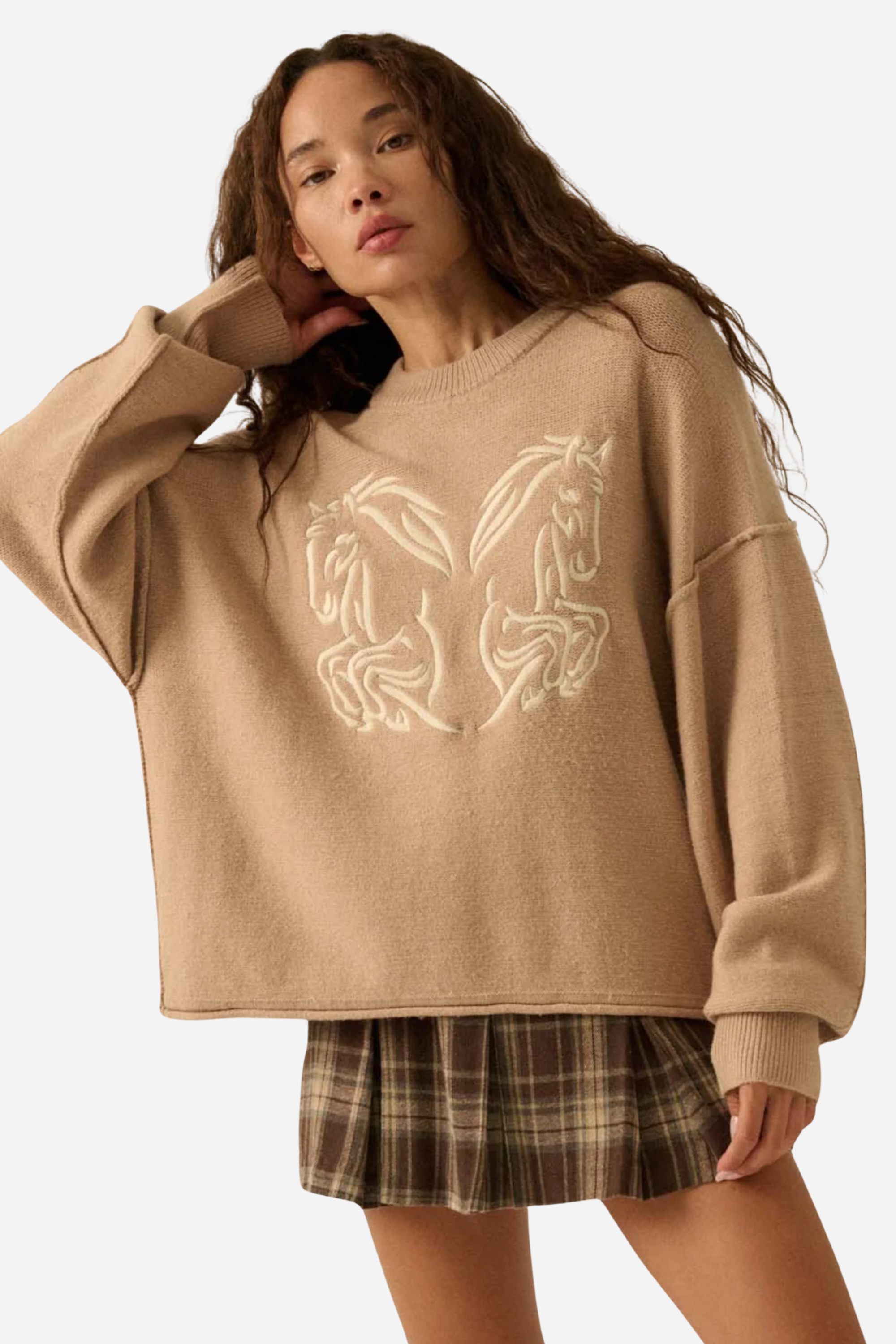 Style: solid knit sweater, Embroidered horses design on front, Crew neckline, Long sleeves with drop shoulder, Exposed seams, Side-split hem, Ribbed collar, cuffs, and hem, Loose fit, Aesthetic: classic retro/vintage, Fabric: 52% viscose, 29% polyester, 19% nylon, Fit: contemporary, Occasion: holiday and night out, Pattern: solid, Season: fall/winter