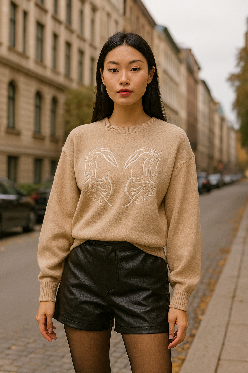 Roxy Embroidered Horse Sweater featuring tonal twin horse embroidery symbolizing strength and movement. Crafted from a soft viscose-poly-nylon blend with dropped shoulders, exposed seams, and side-split hem. A relaxed, minimalist equestrian sweater blending comfort and sophistication.