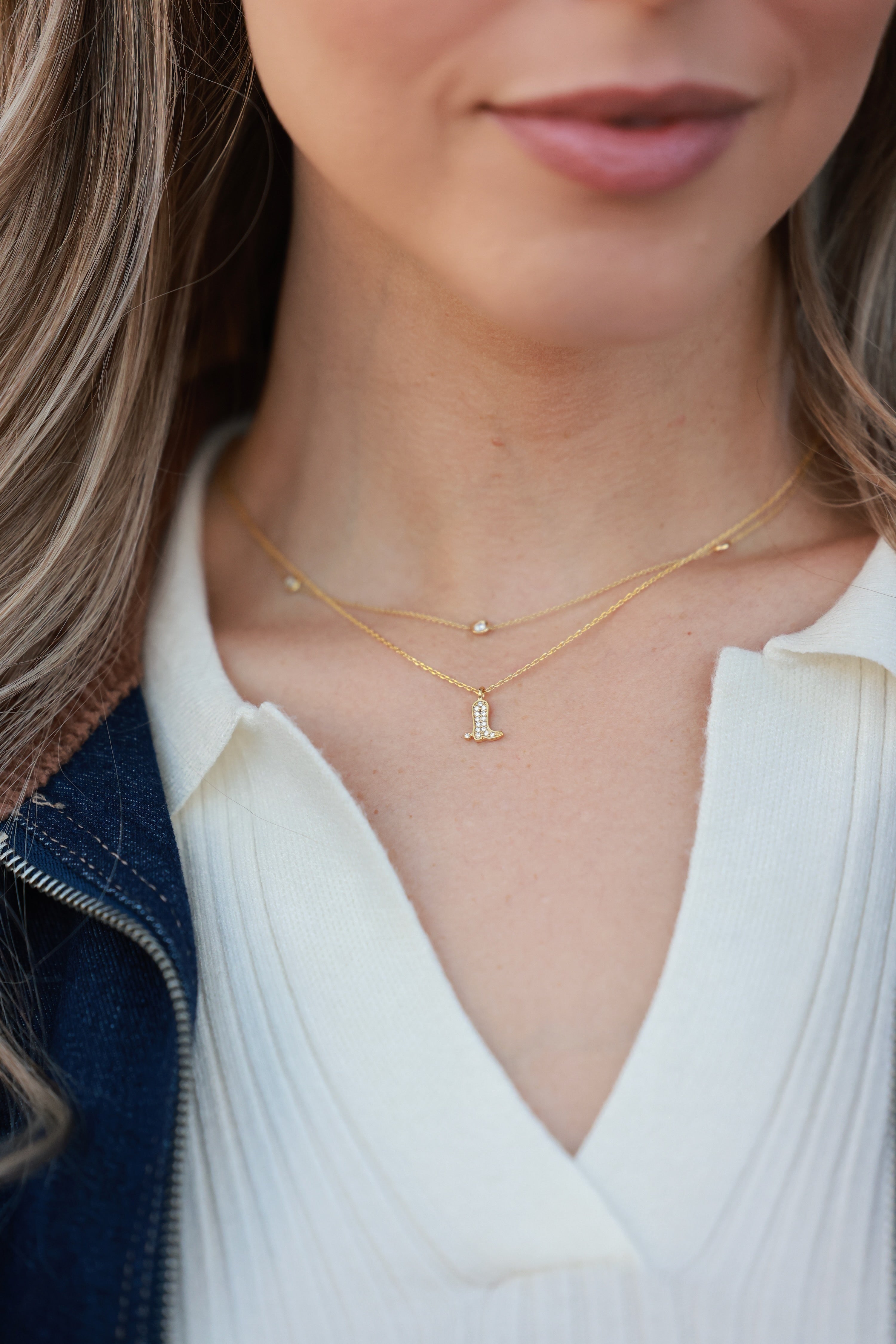 Sadie Boot Necklace in 14k gold-dipped sterling silver featuring a delicate chain and small western boot charm accented with CZ pavé detail. Dainty equestrian-inspired jewelry perfect for horse lovers and everyday chic style.