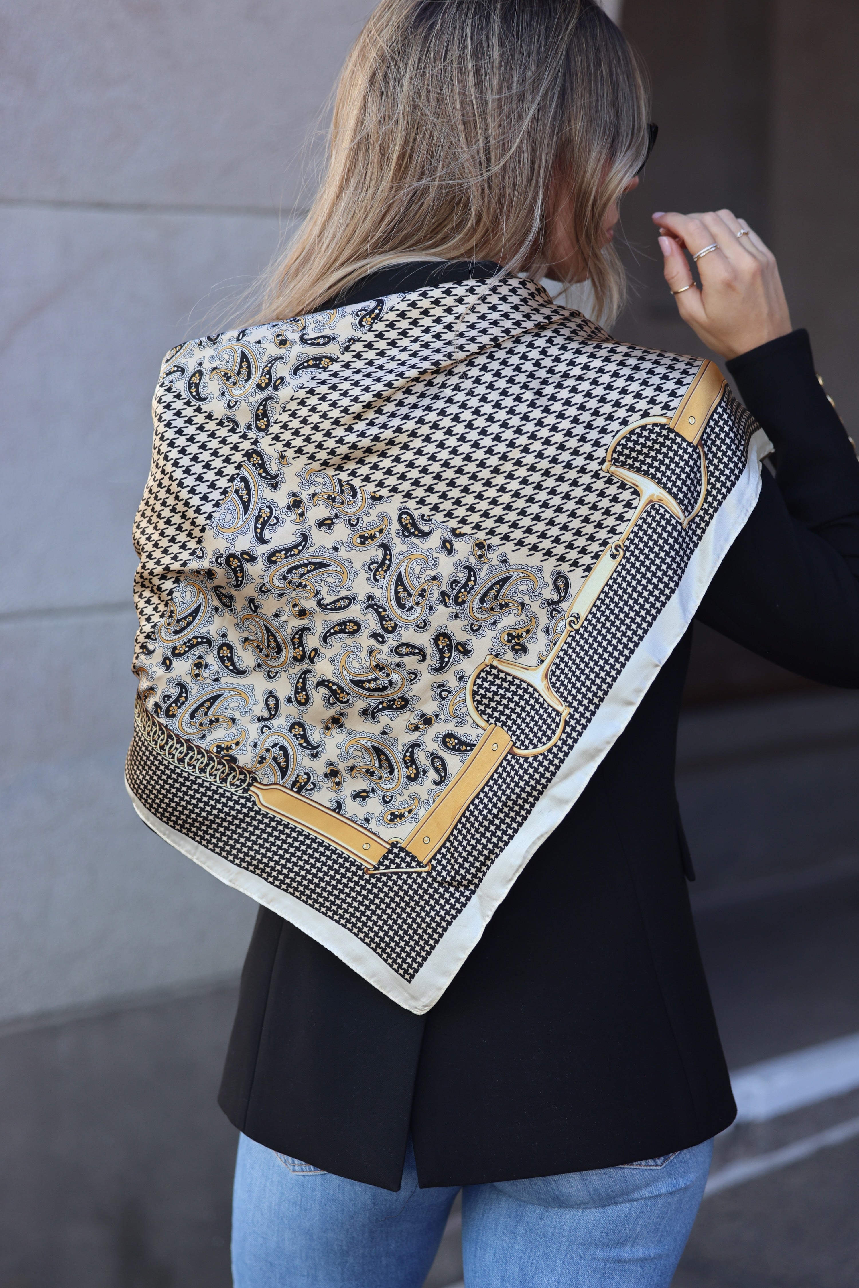 Square scarf featuring equestrian-inspired horse bit pattern and border detail, lightweight design. equestrian scarf, horse bit scarf, horse print scarf, horse motif scarf, equestrian accessory, horse girl scarf