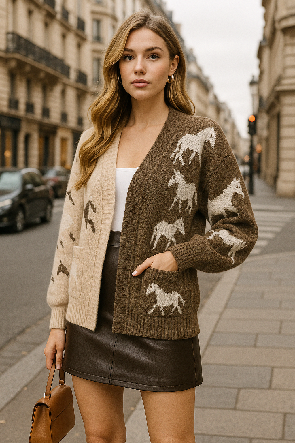 Woman wearing an asymmetric open-front cardigan in brown and beige with white horse patterns. This cozy equestrian cardigan blends rustic western style with casual horse girl apparel, soft, stretchy knit perfect for everyday wear.