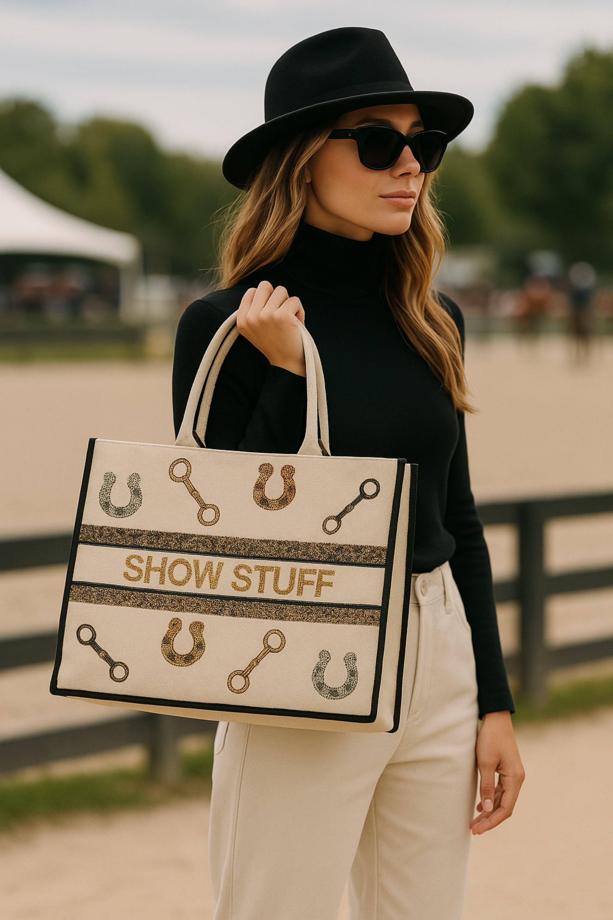 Handmade equestrian tote bag fully beaded with shimmering horseshoe and bit designs, featuring a satin-lined interior.