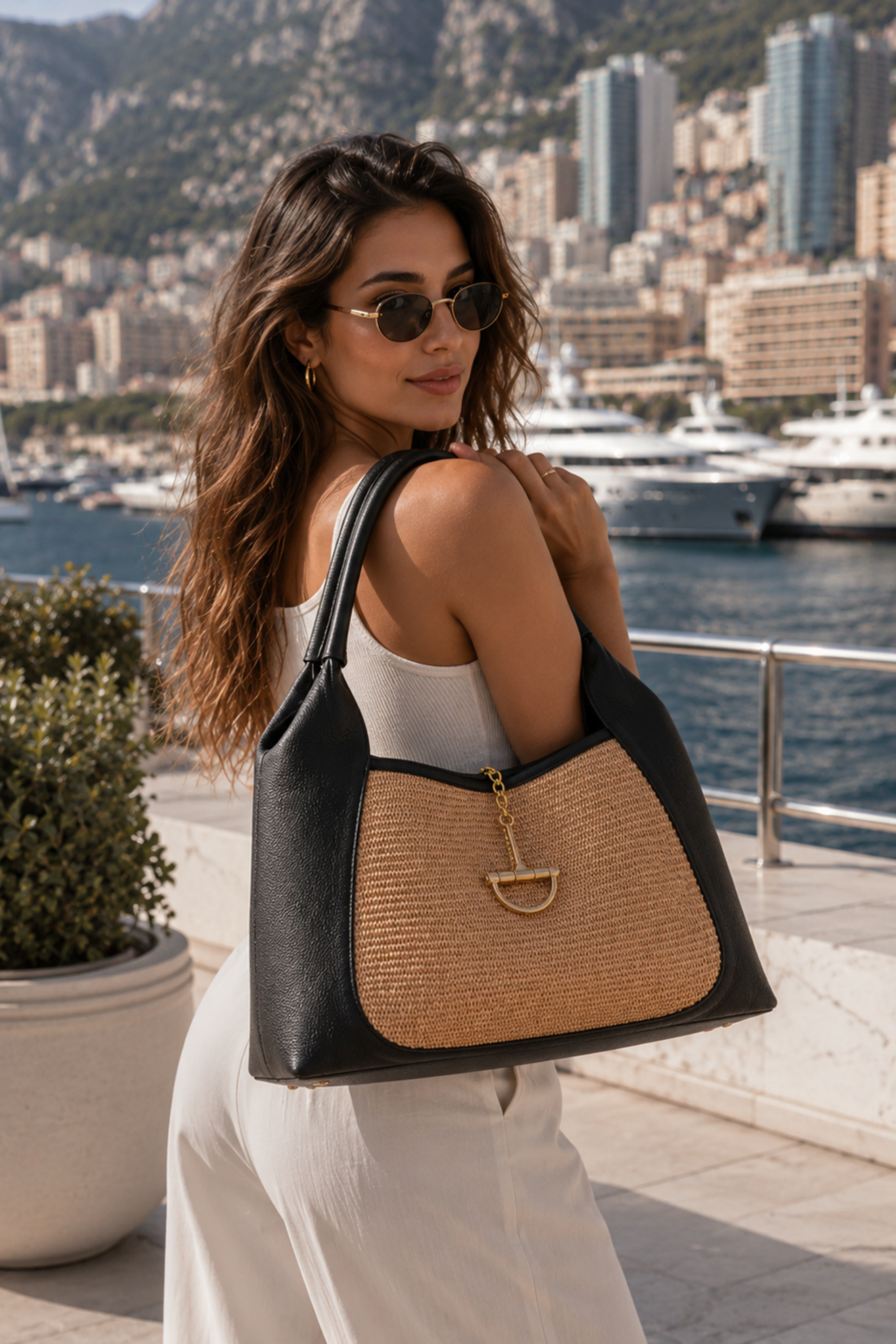 Sloane Large Raffia Saddle Bag - Black