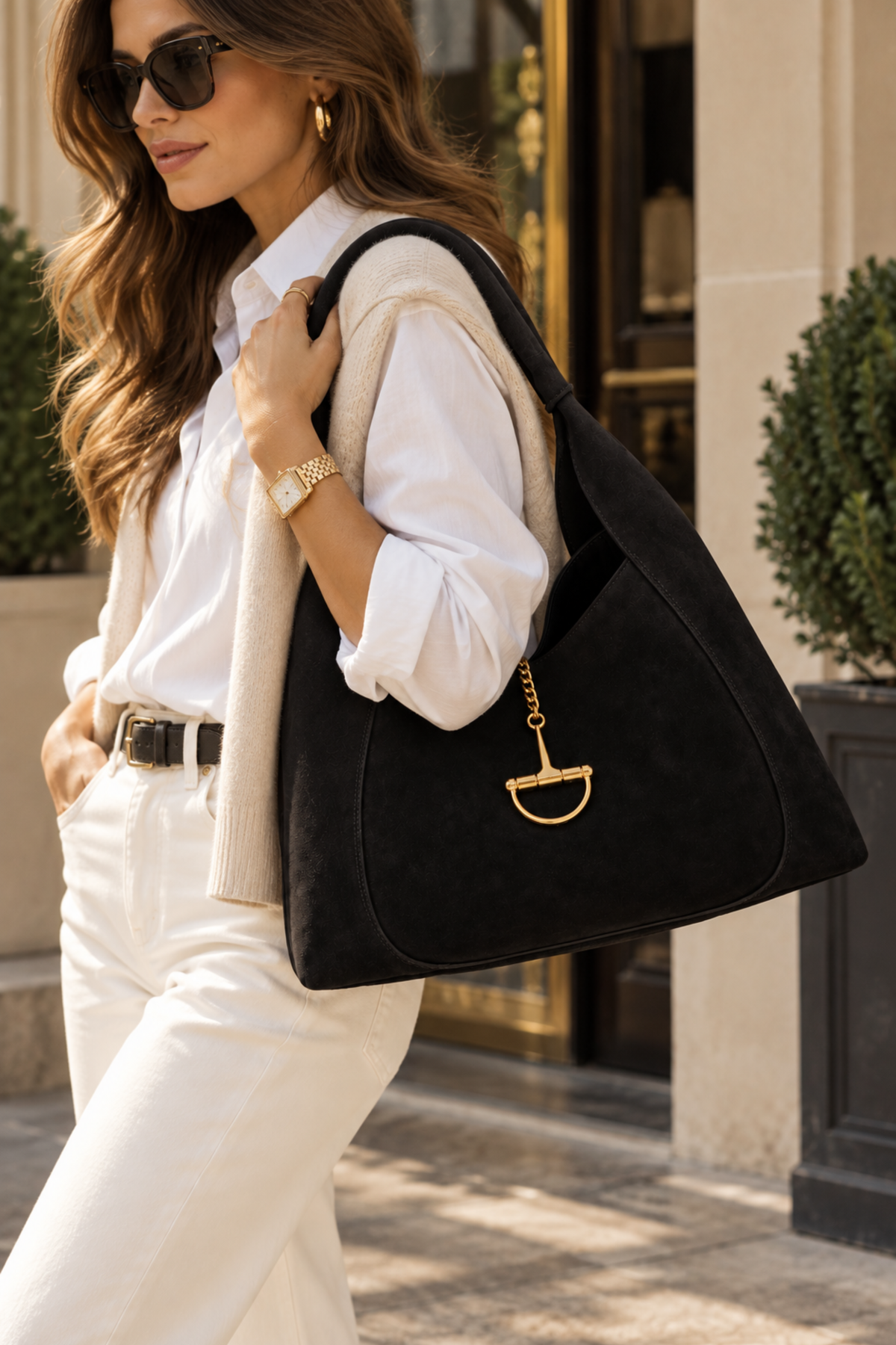 Sloane Large Suede Saddle Bag - Black