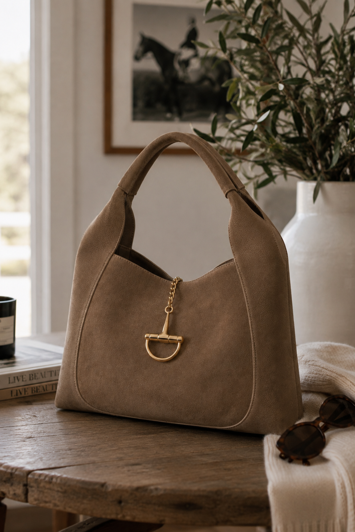 Sloane Large Suede Saddle Bag - Taupe