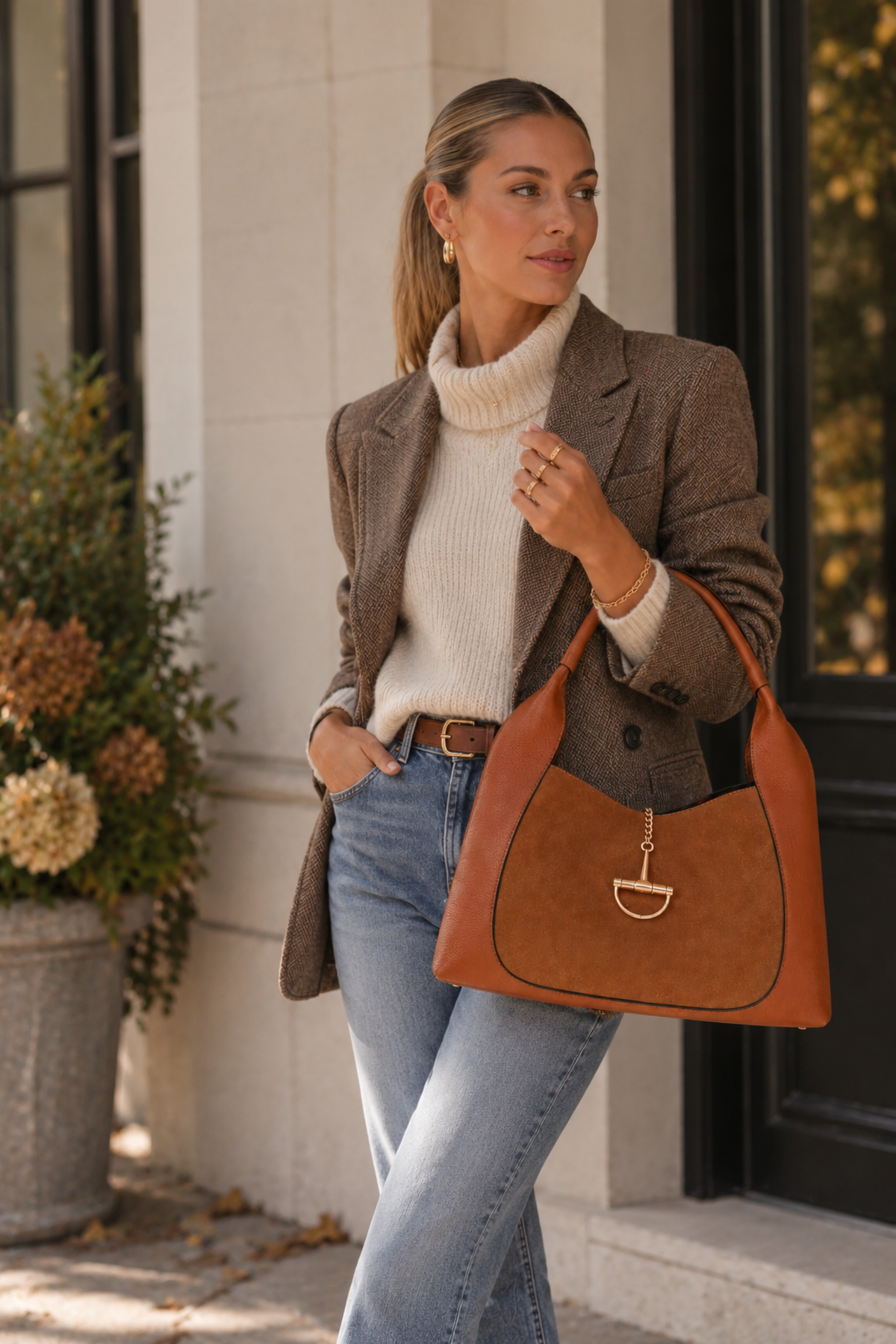 Sloane Large Suede/Leather Saddle Bag - Cognac