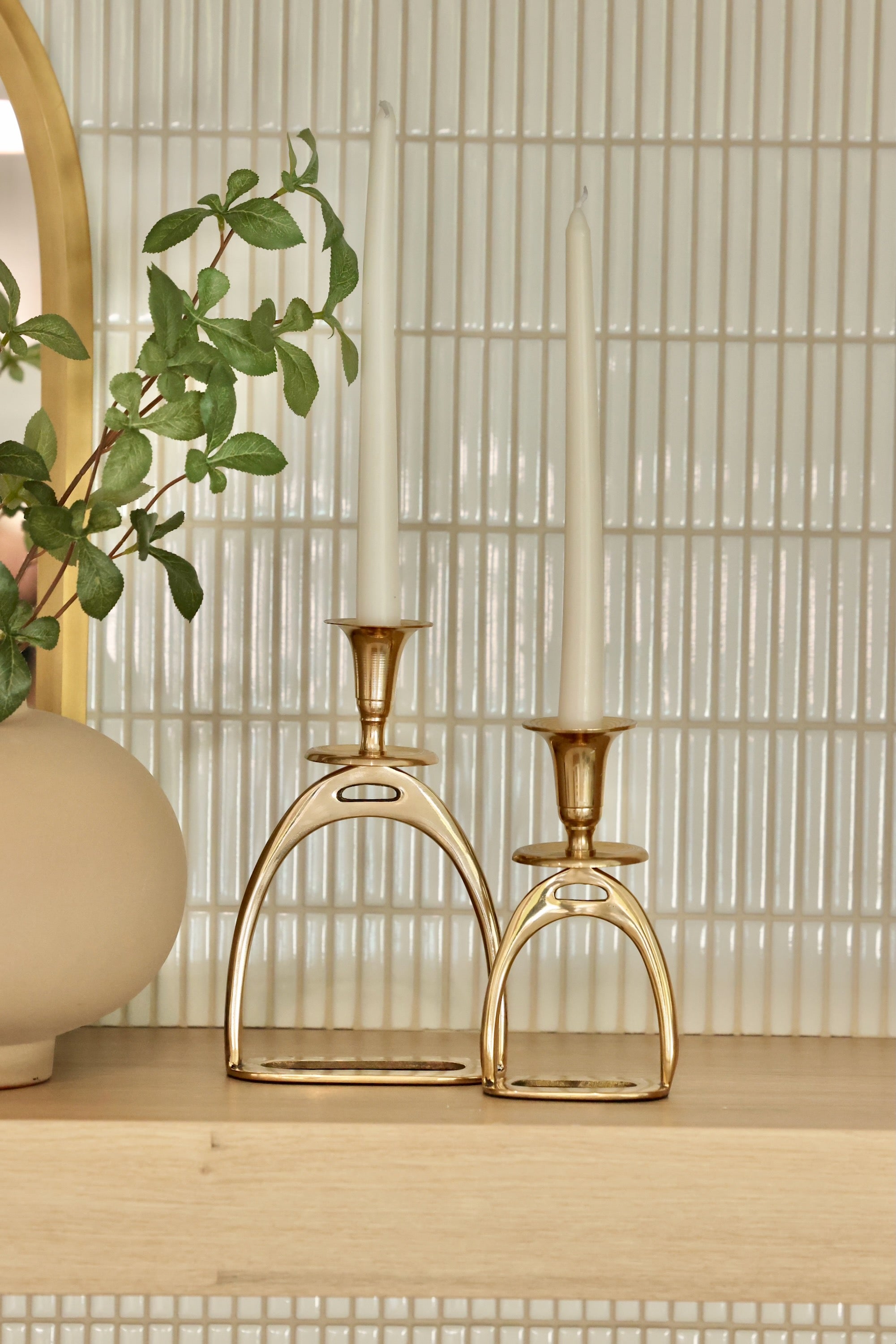 thg stylish equestrian brass stirrup candle stick holder set