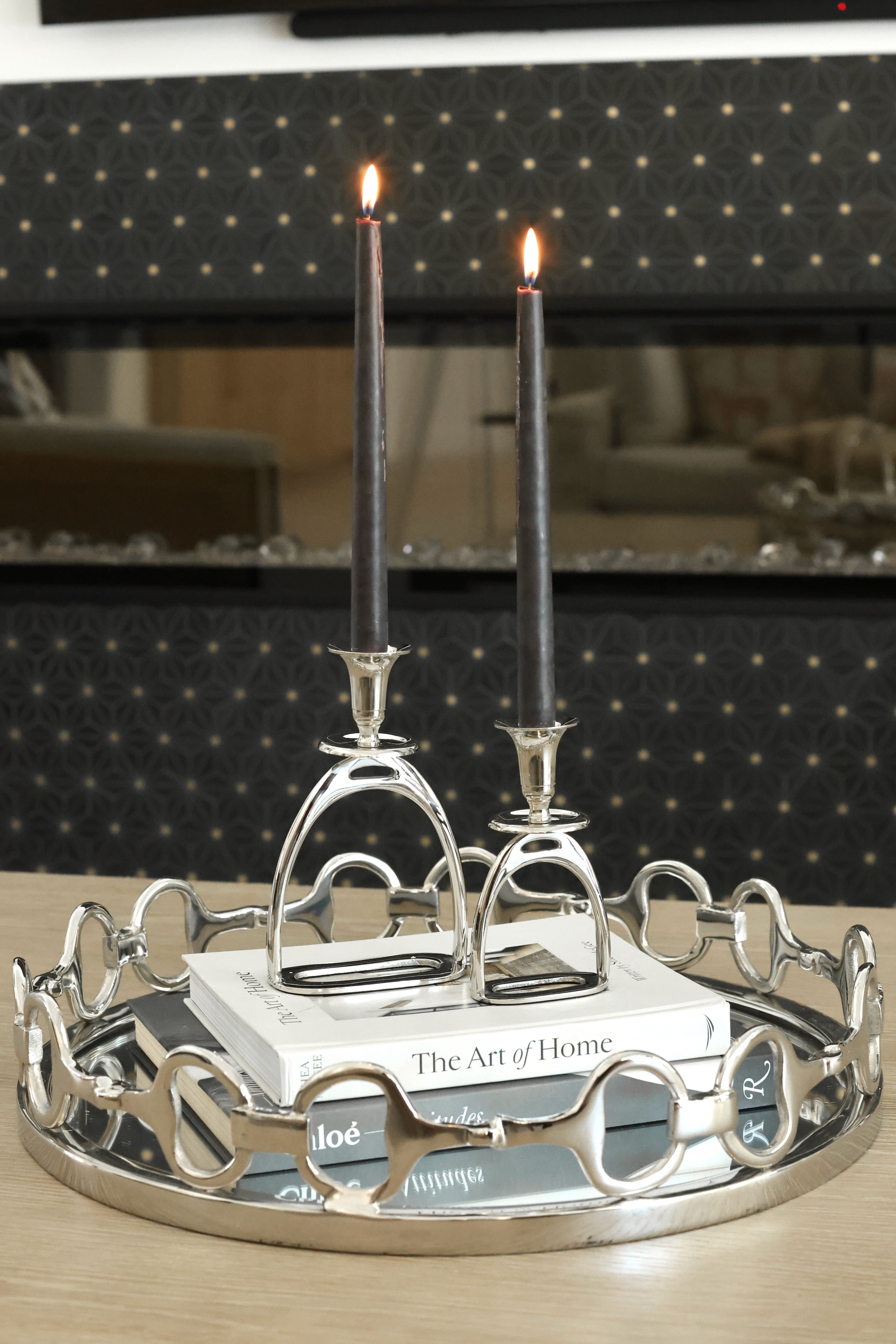 thg stylish equestrian silver stirrup candle stick holder set