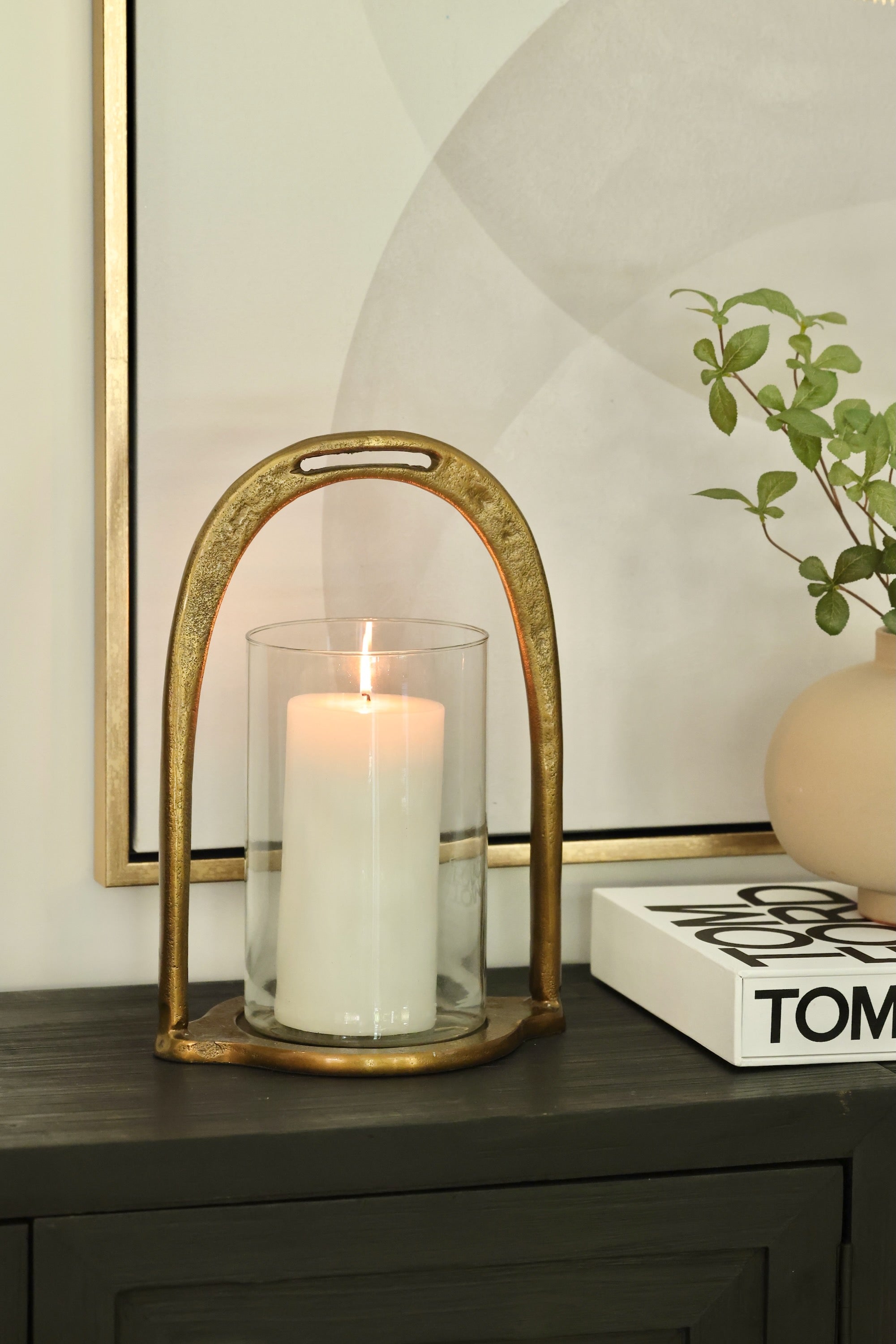 thg stylish equestrian stirrup hurricane candle holder gold large