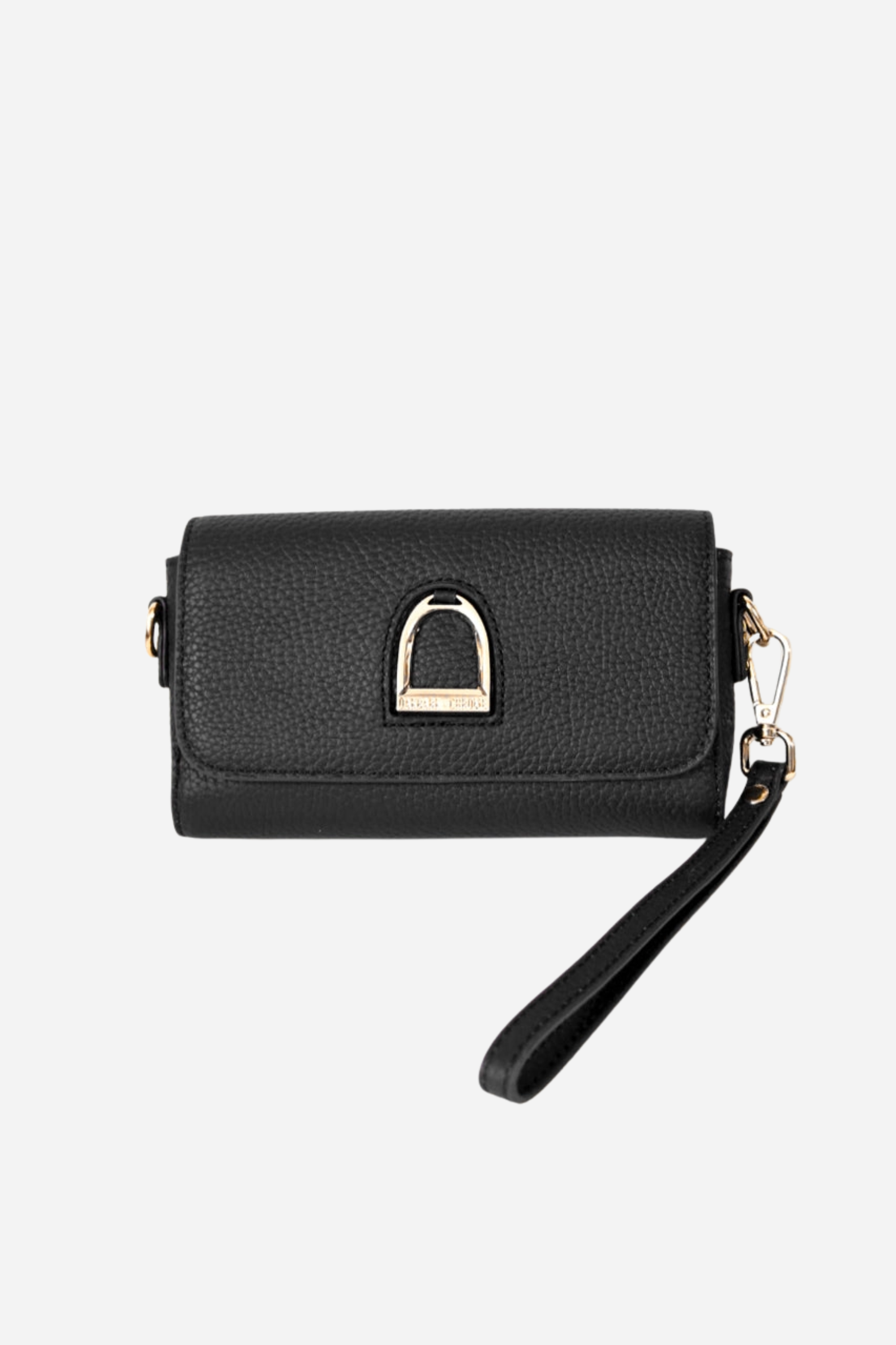 Oakbark & Chrome Stirrup Leather Belt Bag | A black leather clutch with a textured finish and gold accents. It features a gold clasp logo and a detachable wrist strap | Equestrian belt bag, black leather wristlet clutch, stirrup emblem purse, adjustable strap crossbody bag, pebbled leather belt bag, gold hardware equestrian bag, stylish horse girl accessory, small leather equestrian purse, Oakbark & Chrome belt bag, equestrian-inspired designer clutch