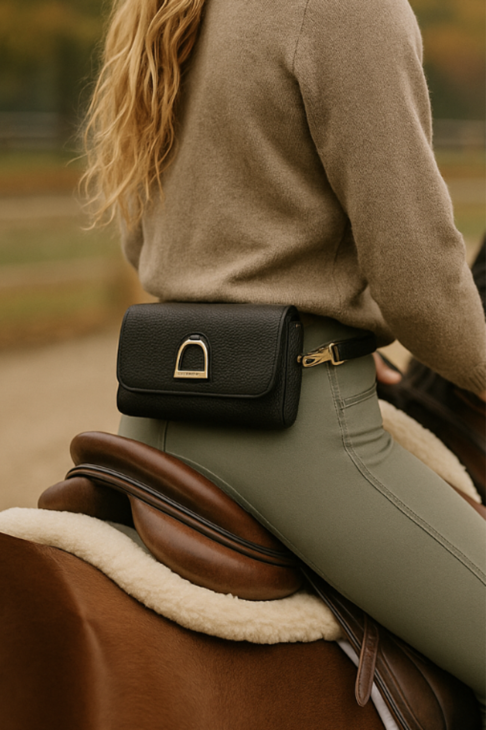 Oakbark & Chrome Stirrup Leather Belt Bag | A black leather clutch with a textured finish and gold accents. It features a gold clasp logo and a detachable wrist strap | Equestrian belt bag, black leather wristlet clutch, stirrup emblem purse, adjustable strap crossbody bag, pebbled leather belt bag, gold hardware equestrian bag, stylish horse girl accessory, small leather equestrian purse, Oakbark & Chrome belt bag, equestrian-inspired designer clutch