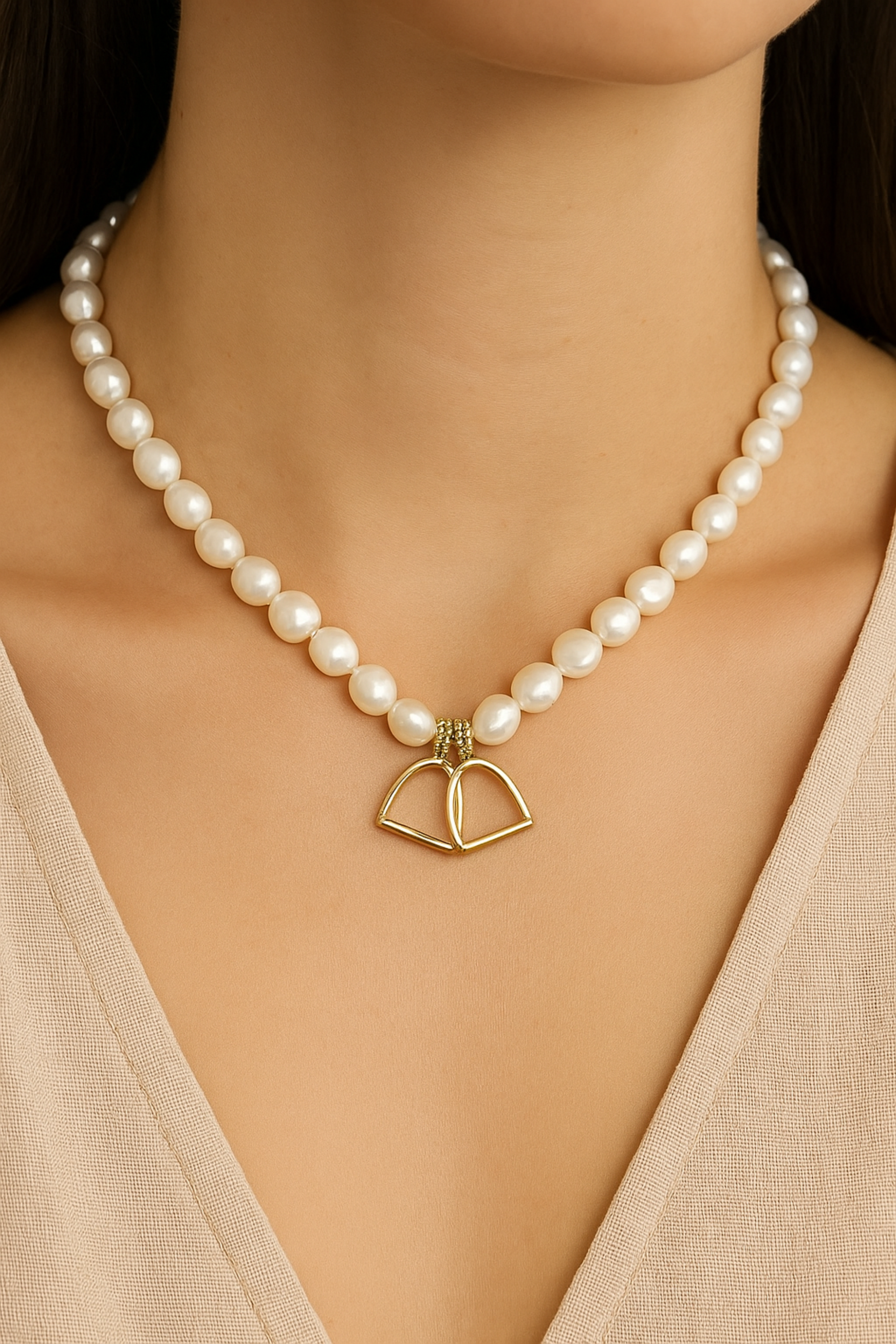 A refined fusion of equestrian charm and classic beauty. The Stirrup Pearl Necklace features lightweight stirrup accents delicately linked between lustrous pearls. Perfect for everyday elegance or layering. Measures 15" with an adjustable extender.
Care tip: remove before showering or swimming.
