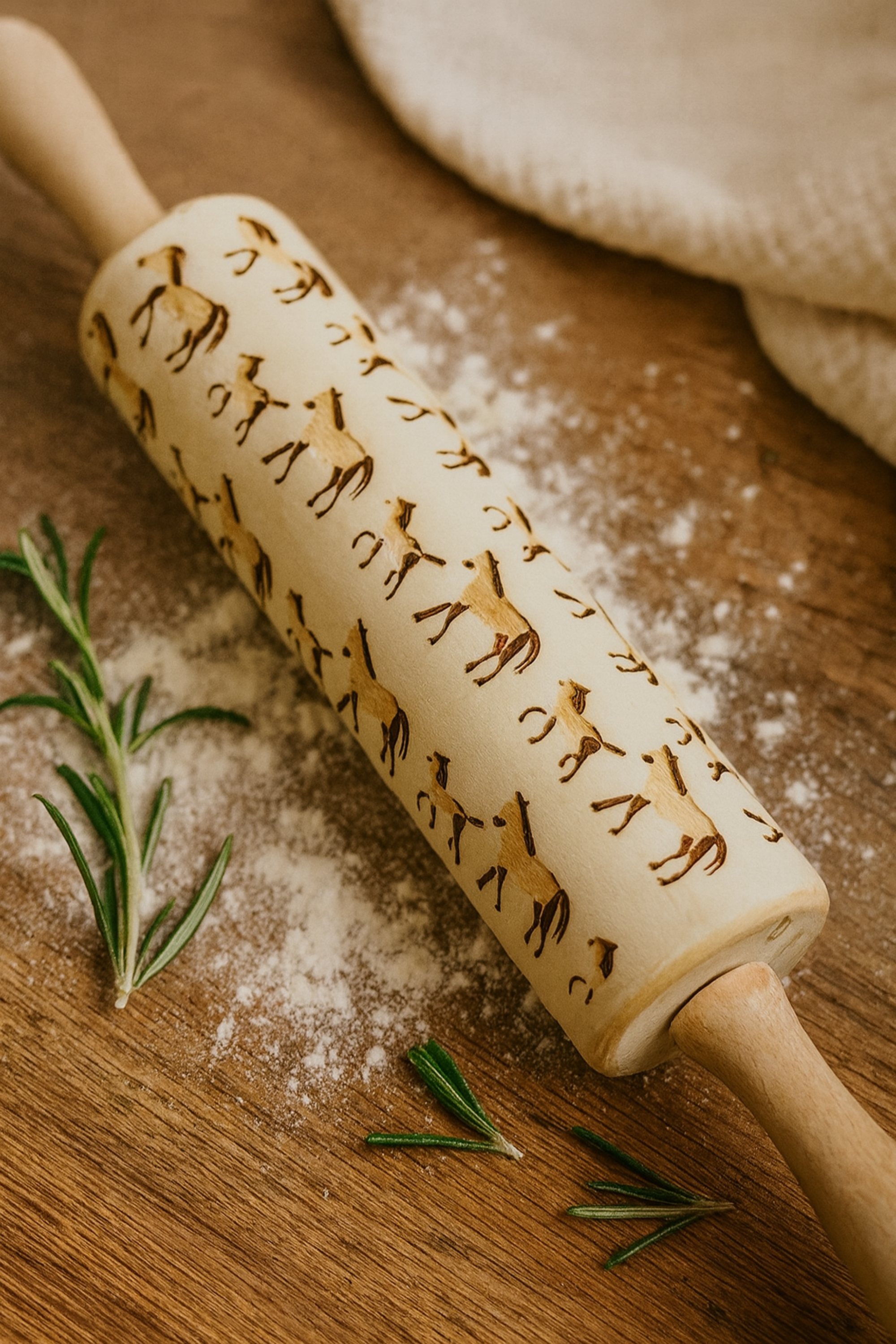 A Horses Embossed Rolling Pin featuring a detailed horse pattern carved into the wood, resting on a kitchen surface beside embossed cookies and baking tools. The intricate design showcases elegant horse motifs that create artistic imprints on dough, fondant, or clay—highlighting the pin’s versatility for baking and crafting.