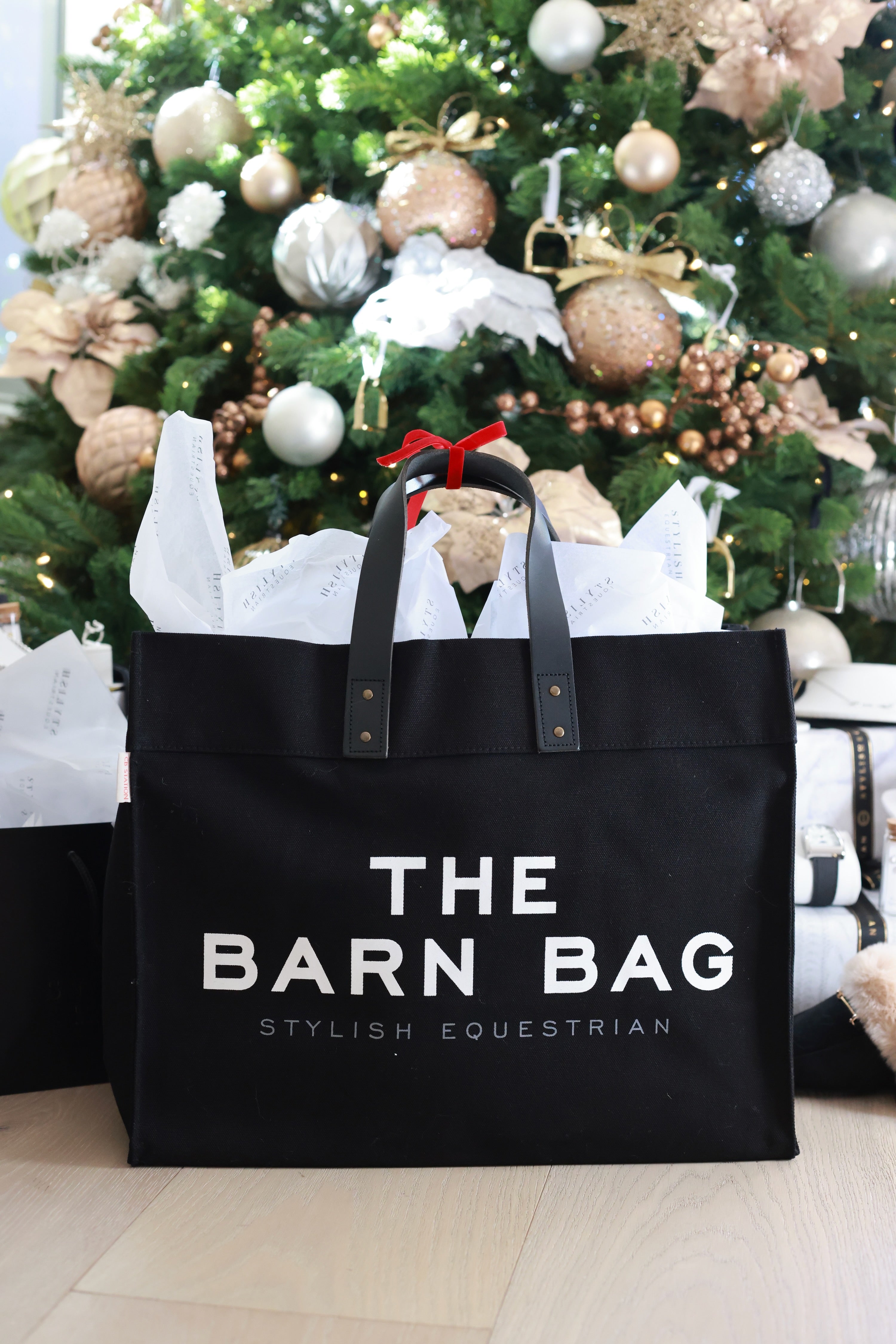 The Barn Bag Tote by Stylish Equestrian — durable canvas carry-all featuring cheeky front print, genuine leather handles, and two interior side pockets perfectly sized for a champagne bottle. Made in the USA, this equestrian-inspired tote is the ultimate barn and horse show essential.