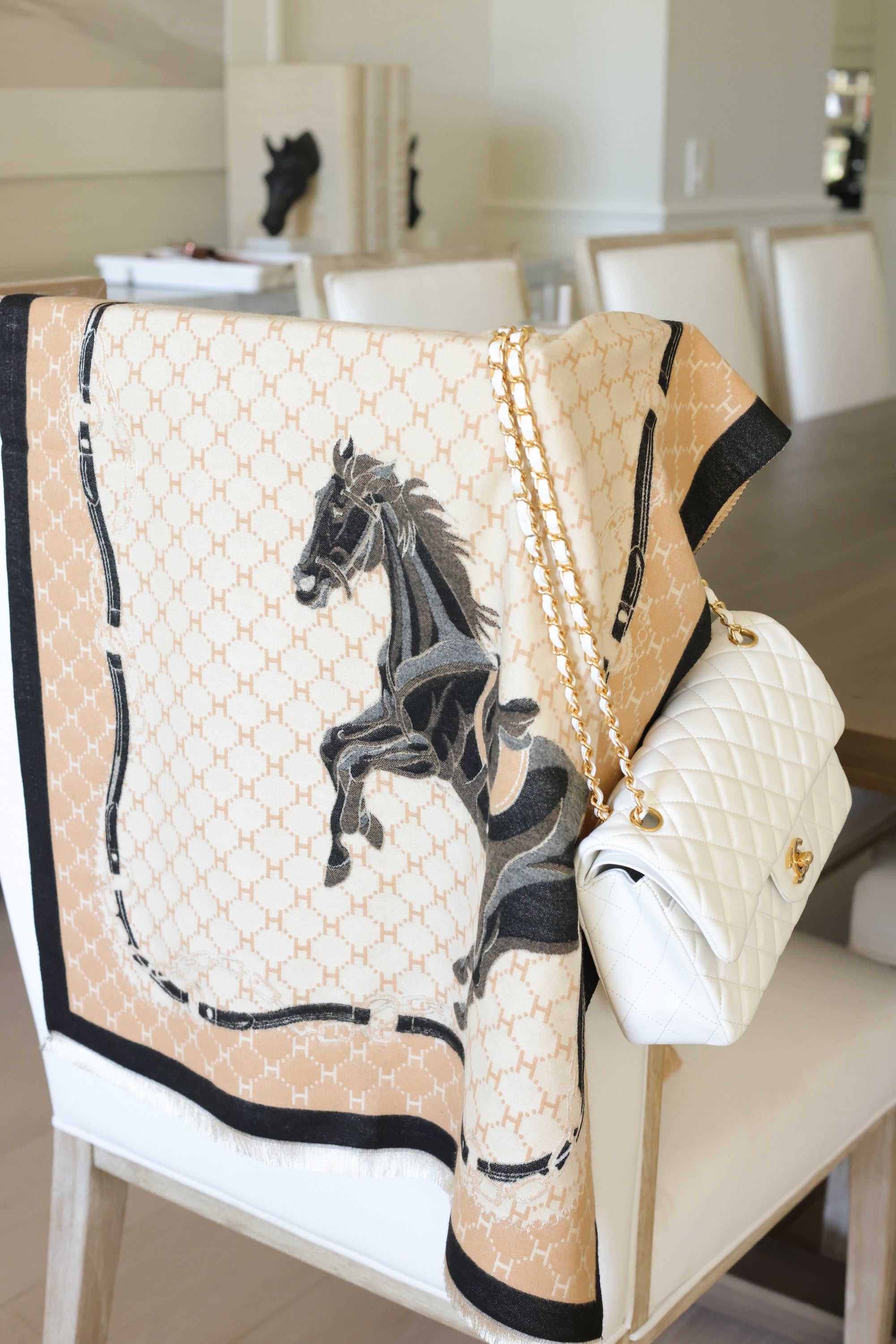 stylish equestrian tori scarf horse print motif peach