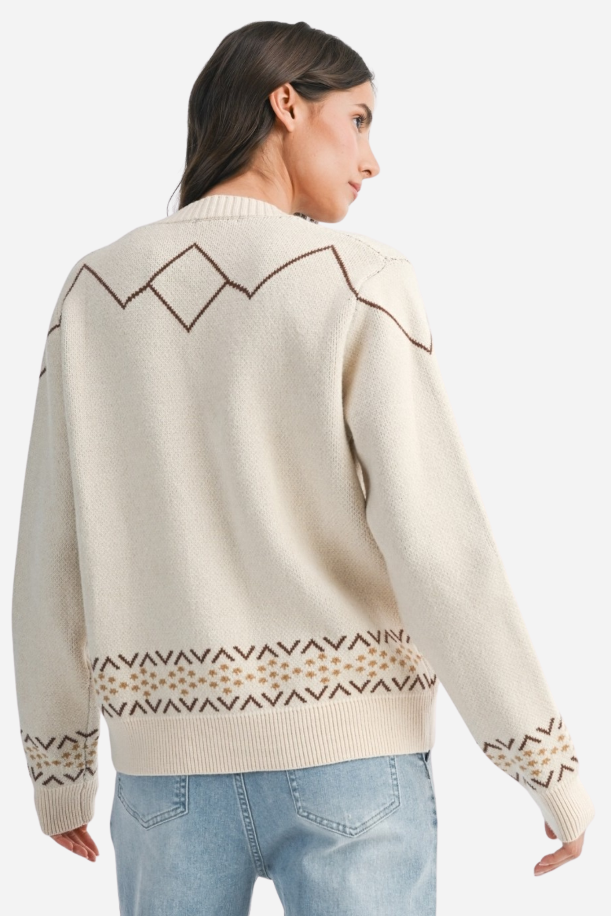 A cozy cream-colored knit cardigan with two brown horse graphics and subtle geometric fair isle trim. This long-sleeve, V-neck button-down features a relaxed, slightly cropped fit and soft viscose-poly blend fabric, offering a playful, equestrian-inspired look perfect for fall.