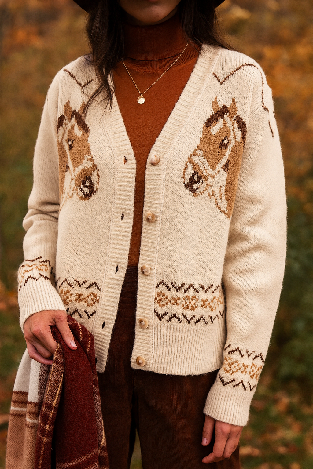 A person wearing an ivory cardigan with horse designs, a rust-colored turtleneck, and brown corduroy pants holds a plaid blanket, set against an autumn backdrop.