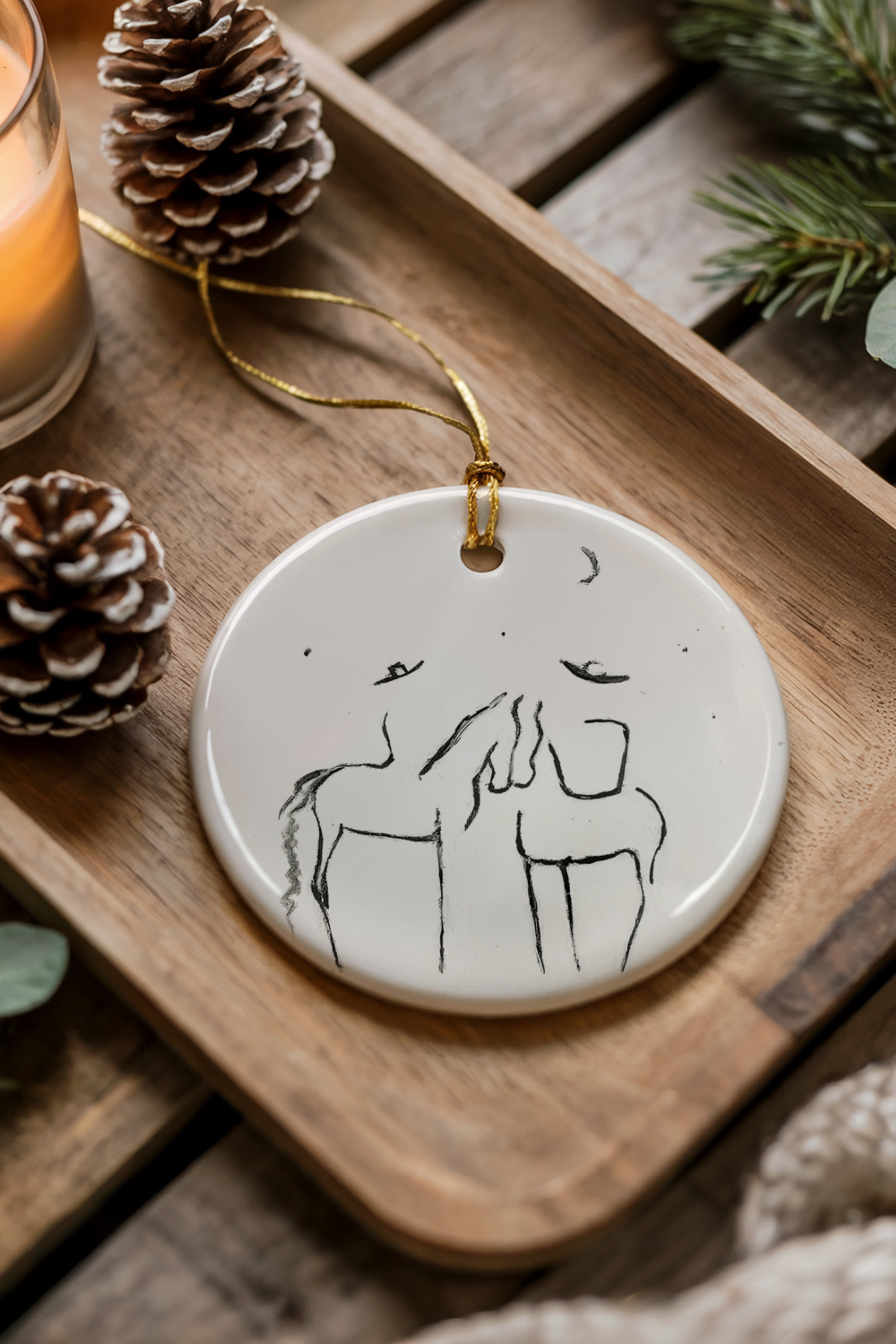 Under The Stars Ornament — ceramic equestrian-inspired Christmas ornament featuring original horse artwork by Bettina, strung with gold tinsel. Perfect horse-themed holiday gift for equestrians and horse lovers. Made in the USA.