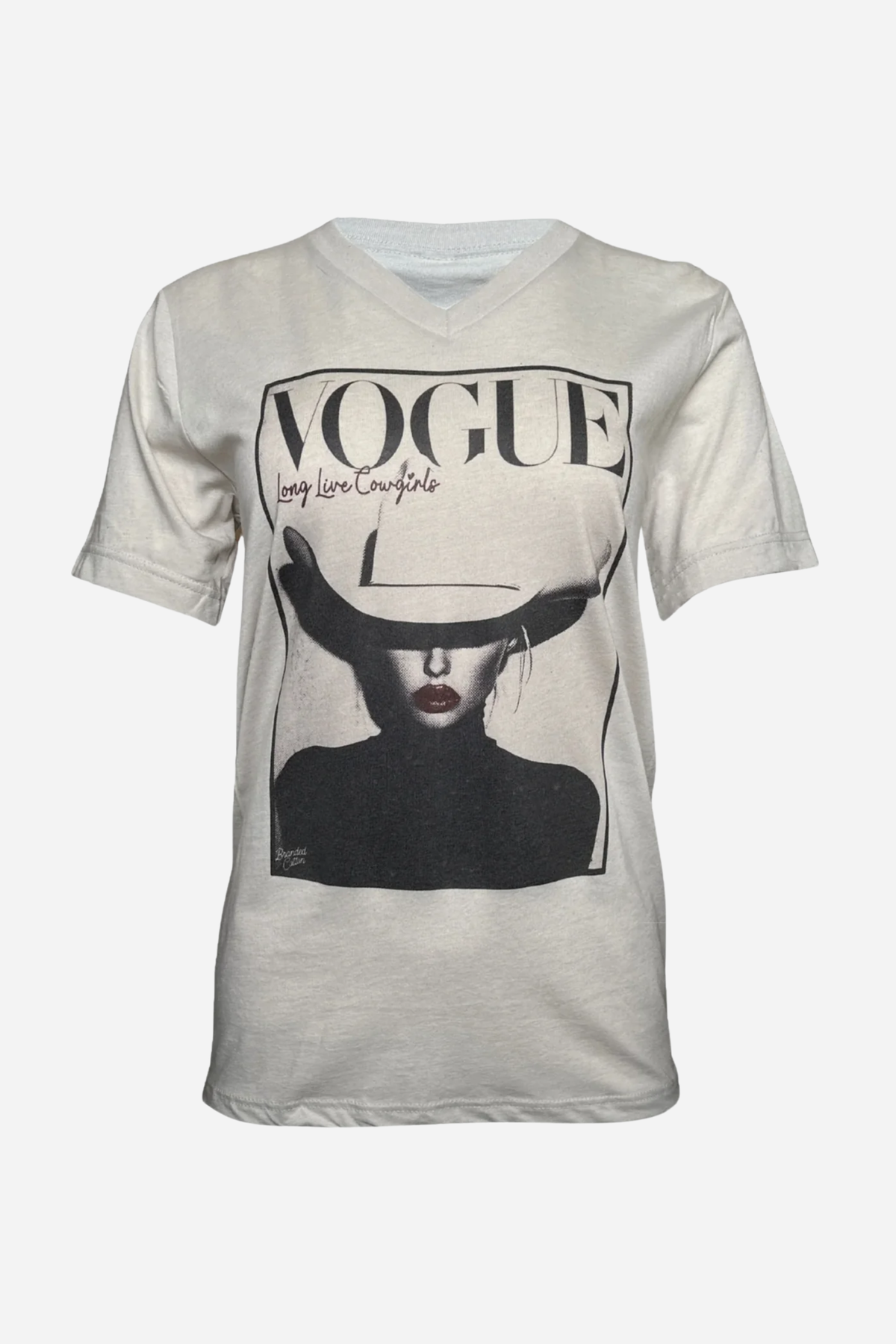 Vogue Cowgirl graphic tee with designer-inspired horse print, V-neck silhouette, made from 100% cotton.