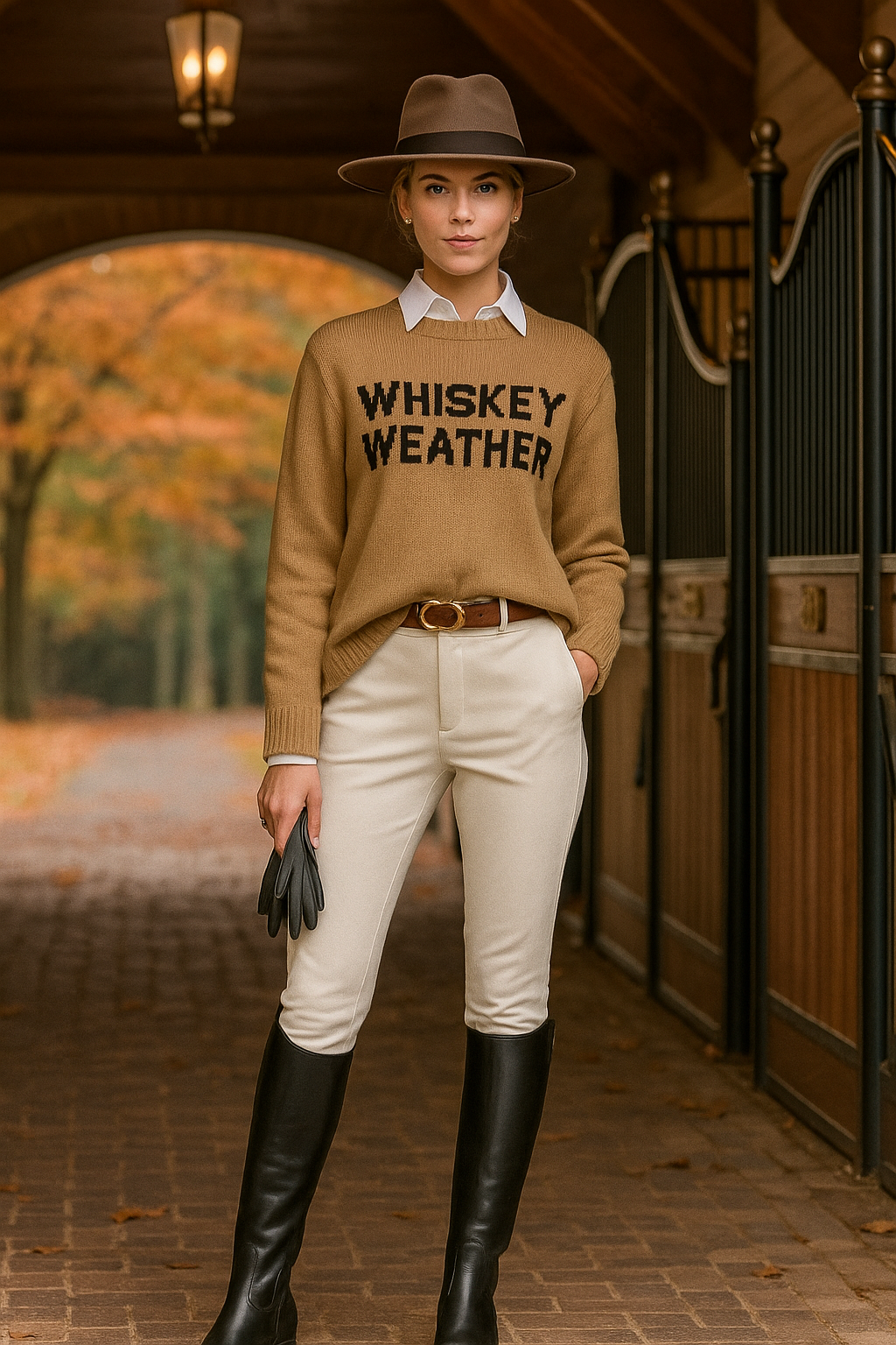Woman wearing a beige sweater with 'WHISKEY WEATHER' text against a gray background - Whiskey weather sweater, Western graphic sweater, Fall country sweater, Taupe knit pullover, Cowgirl whiskey sweater