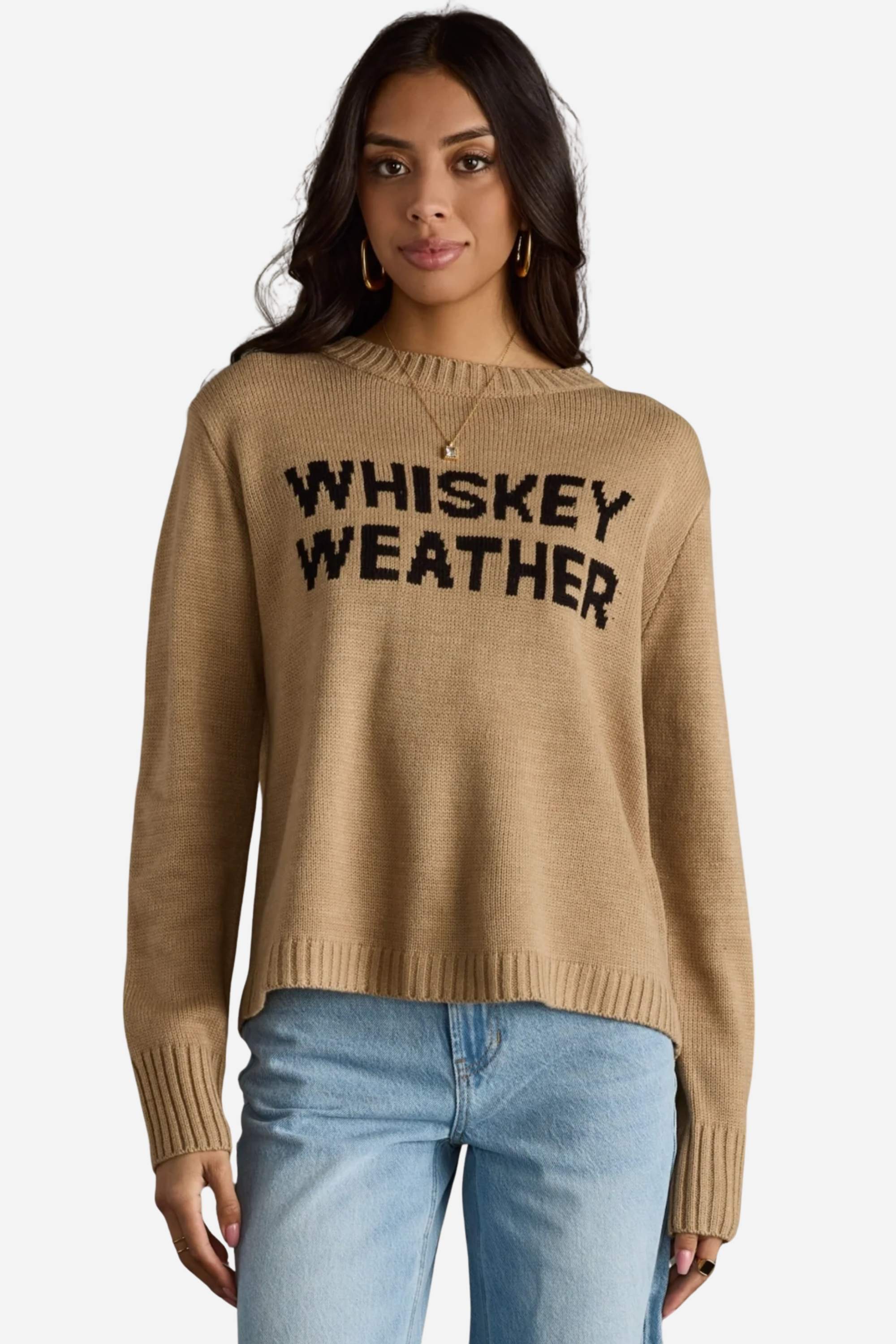 Woman wearing a beige sweater with 'WHISKEY WEATHER' text against a gray background - Whiskey weather sweater, Western graphic sweater, Fall country sweater, Taupe knit pullover, Cowgirl whiskey sweater