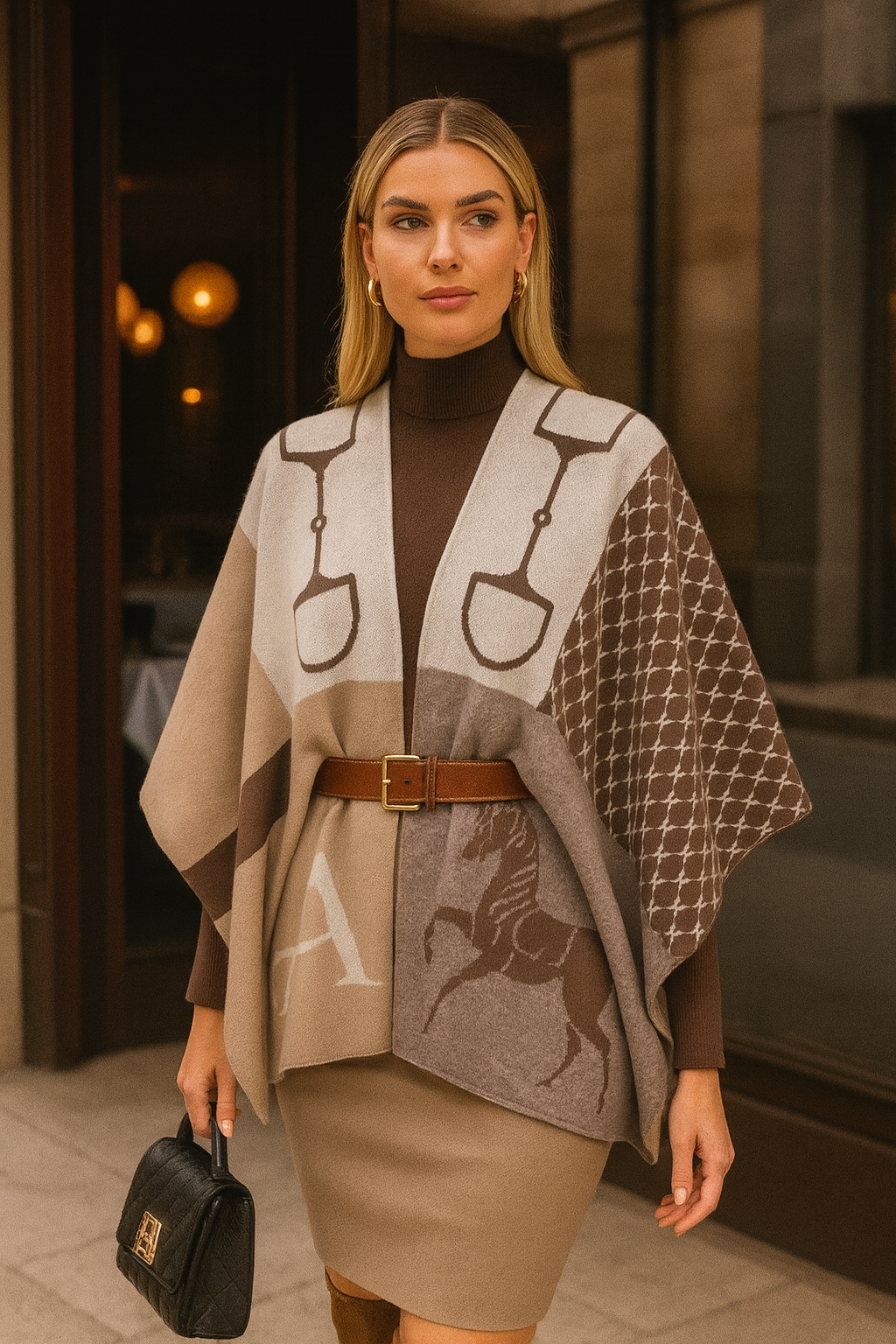 Stylish jacquard-knit cashmere poncho with an equestrian-inspired design featuring a horse, riding gear, and geometric patterns in warm off-white, beige, and taupe tones. The piece evokes a rustic yet refined aesthetic, perfect for elevating everyday or evening looks.