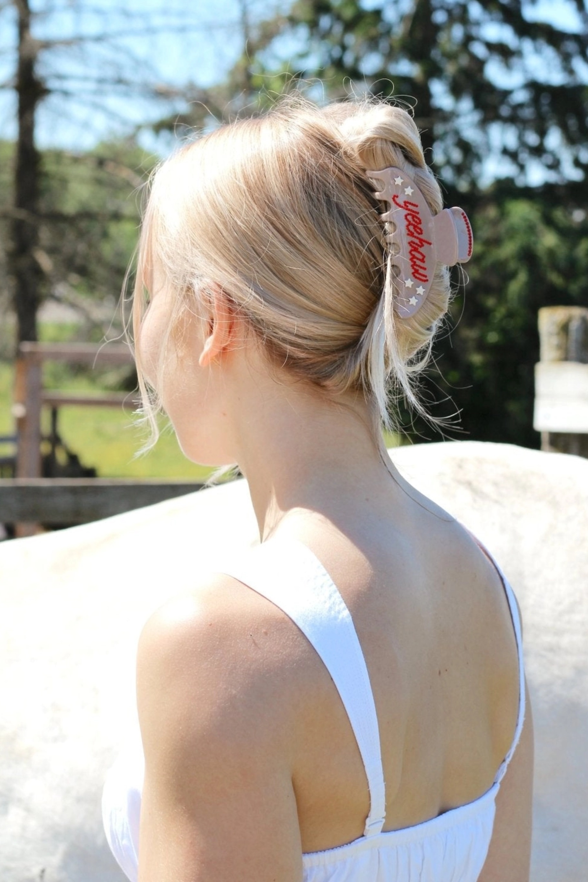 Hair claw clip featuring “yeehaw” gem detail with raised star accents, equestrian-inspired design. claw clip, hair claw clip, western hair clip, equestrian hair accessory, horse girl accessories, hair accessory