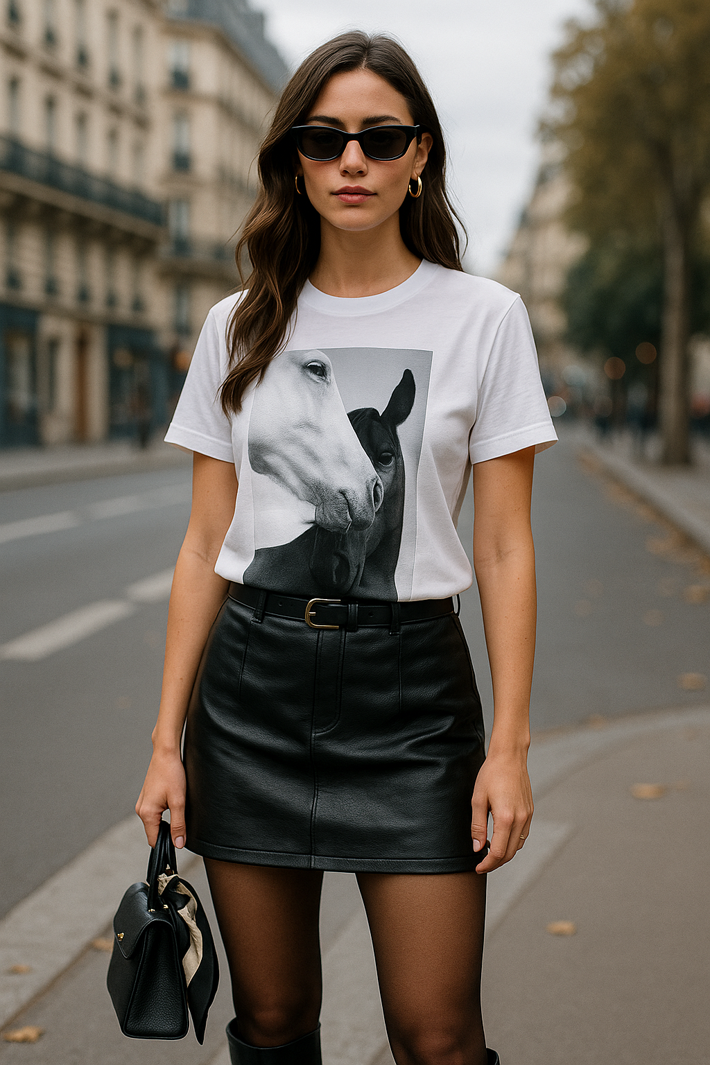 Black and white vintage-style graphic of two horses close together, a white horse in the foreground and a dark horse behind on a mineral-washed oversized equestrian tee. Sustainable 100% cotton cowgirl graphic t-shirt with distressed details, perfect for casual horse girl apparel and western-inspired outfits.