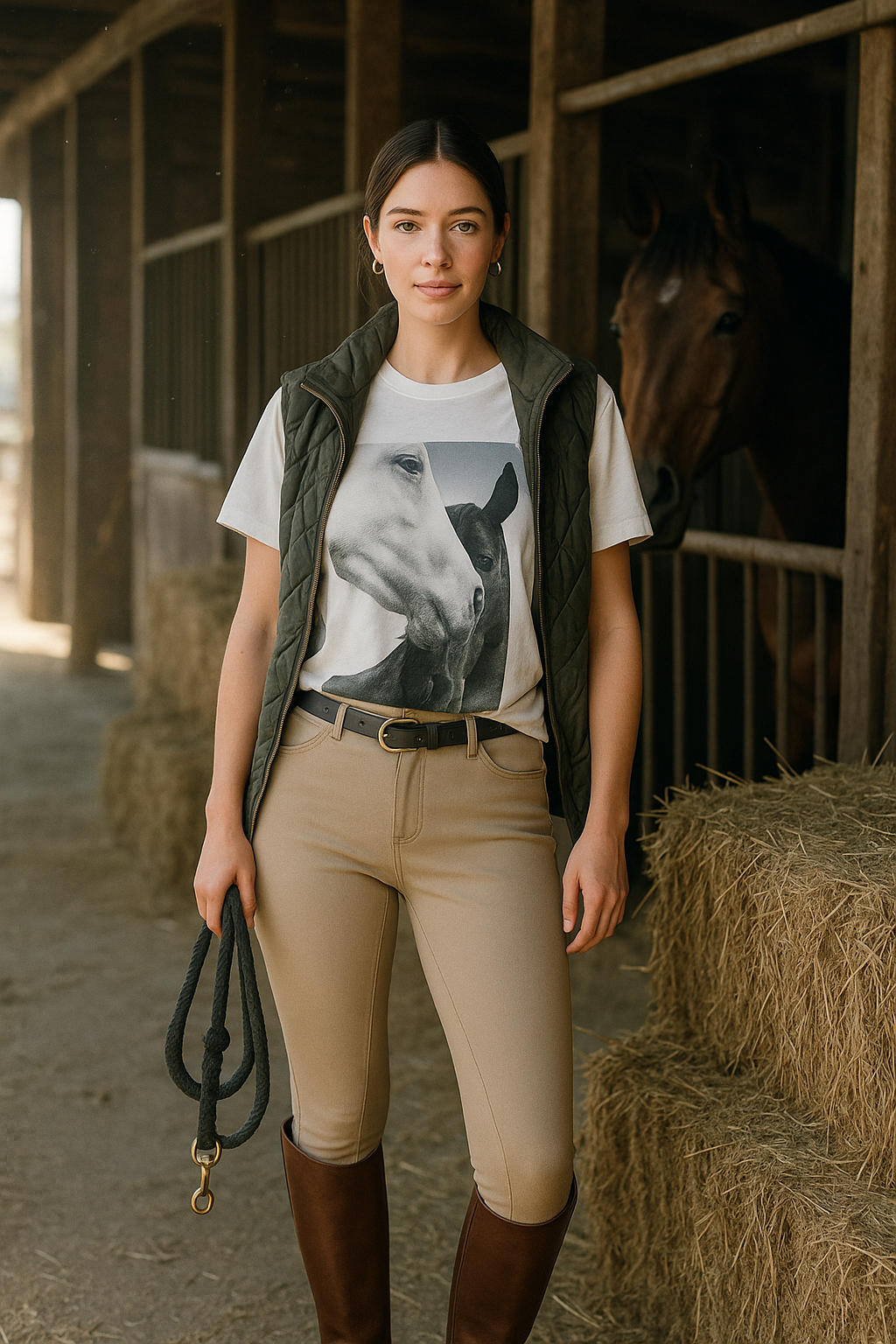 Black and white vintage-style graphic of two horses close together, a white horse in the foreground and a dark horse behind on a mineral-washed oversized equestrian tee. Sustainable 100% cotton cowgirl graphic t-shirt with distressed details, perfect for casual horse girl apparel and western-inspired outfits.