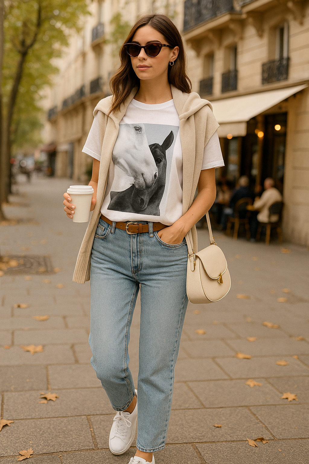 Black and white vintage-style graphic of two horses close together, a white horse in the foreground and a dark horse behind on a mineral-washed oversized equestrian tee. Sustainable 100% cotton cowgirl graphic t-shirt with distressed details, perfect for casual horse girl apparel and western-inspired outfits.