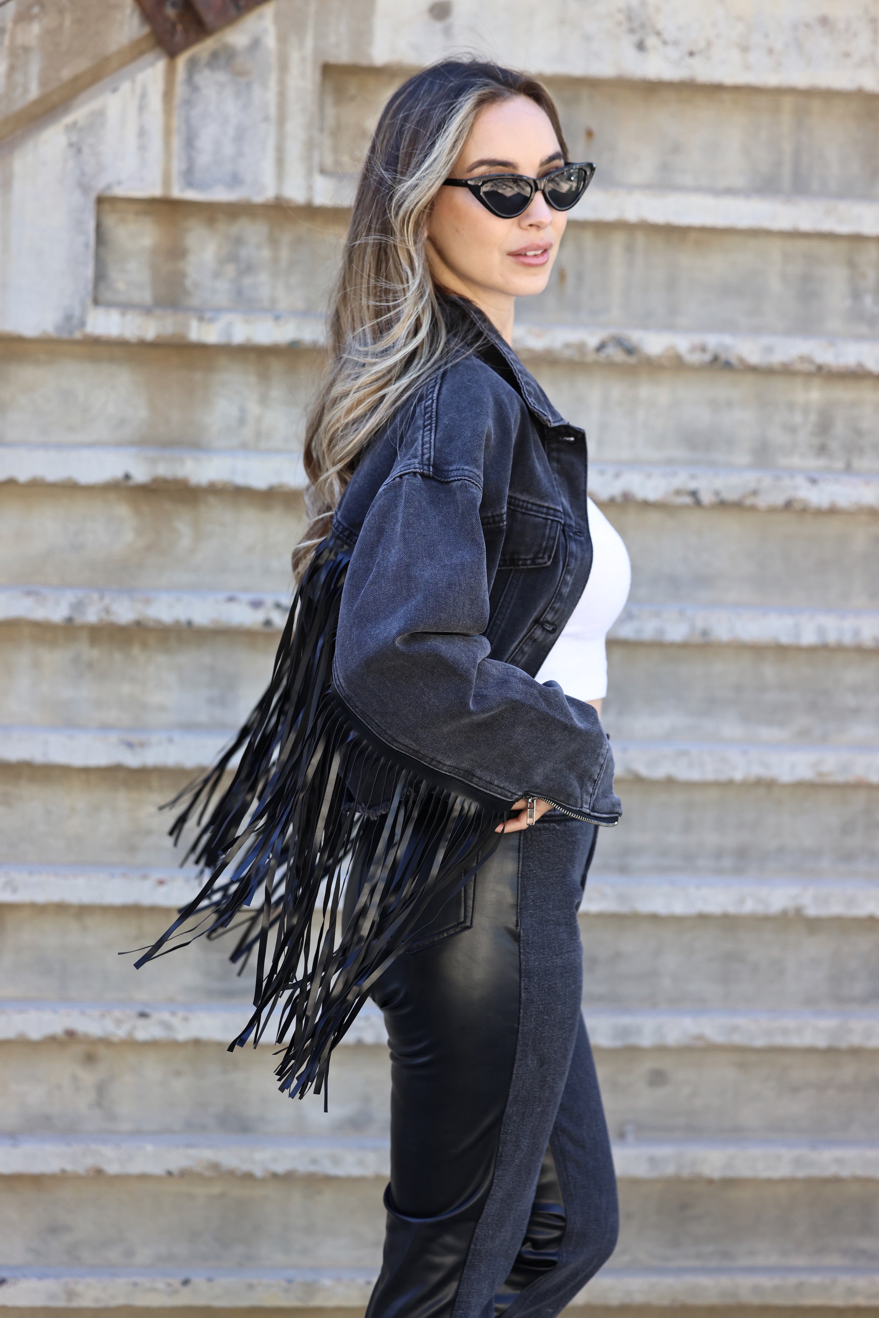 veveret stylish equestrian aynsley fringe denim jacket black