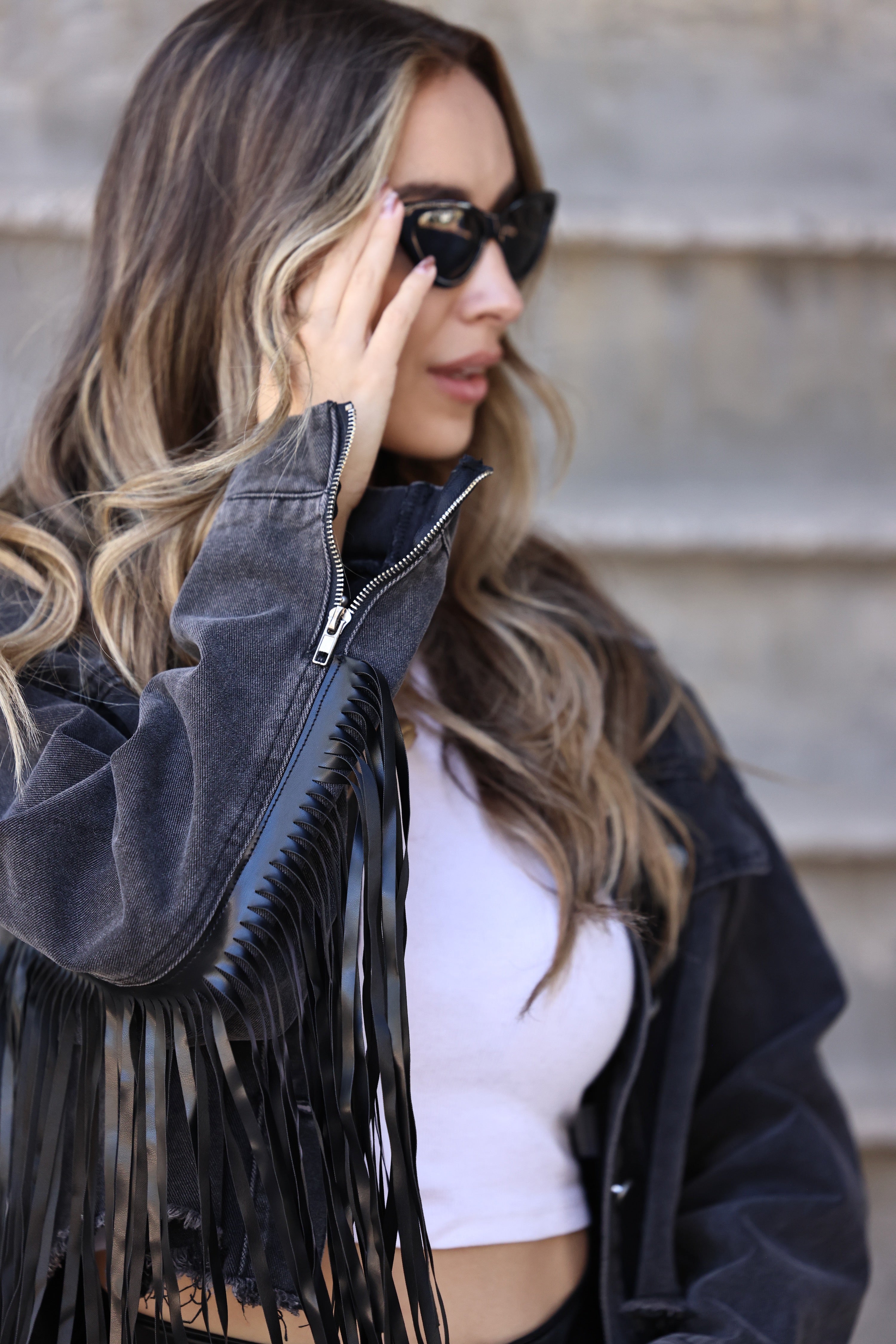 veveret stylish equestrian aynsley fringe denim jacket black